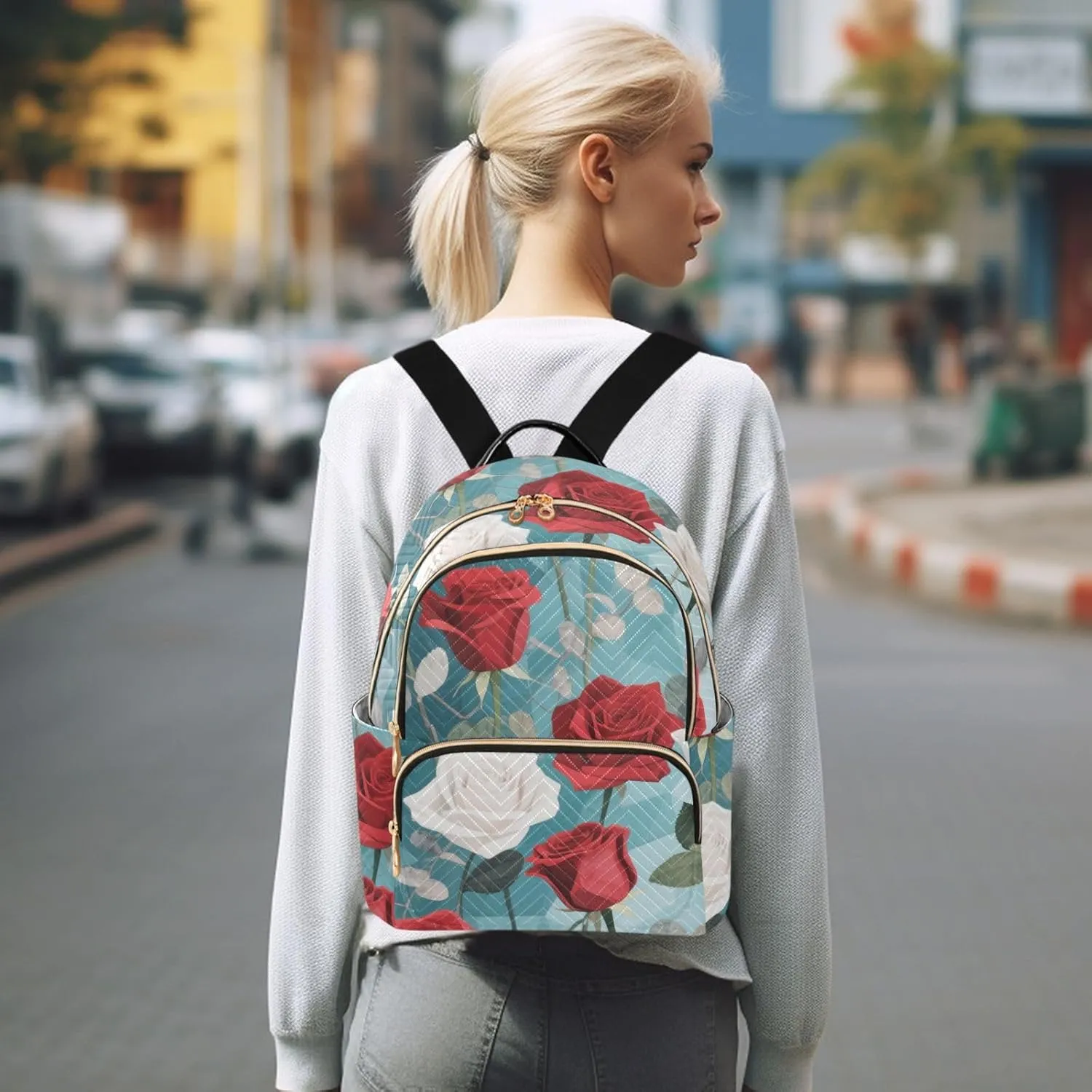 Mini Backpack Quilted Purse for Womens Small Backpack Daypack Rose Design for Travel Daily Work,Multi11