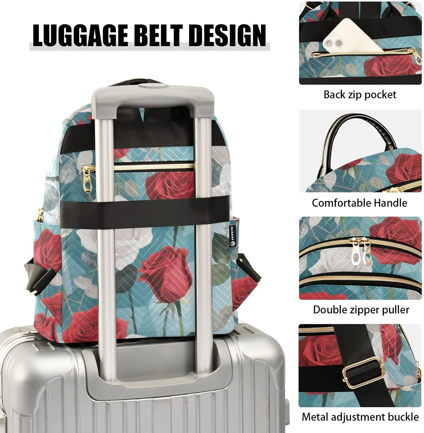 Mini Backpack Quilted Purse for Womens Small Backpack Daypack Rose Design for Travel Daily Work,Multi11