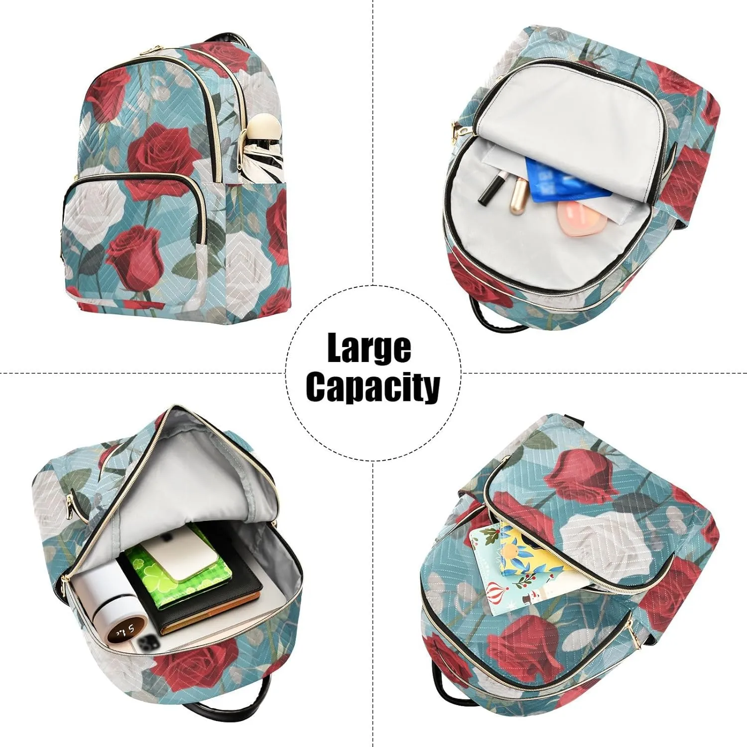 Mini Backpack Quilted Purse for Womens Small Backpack Daypack Rose Design for Travel Daily Work,Multi11