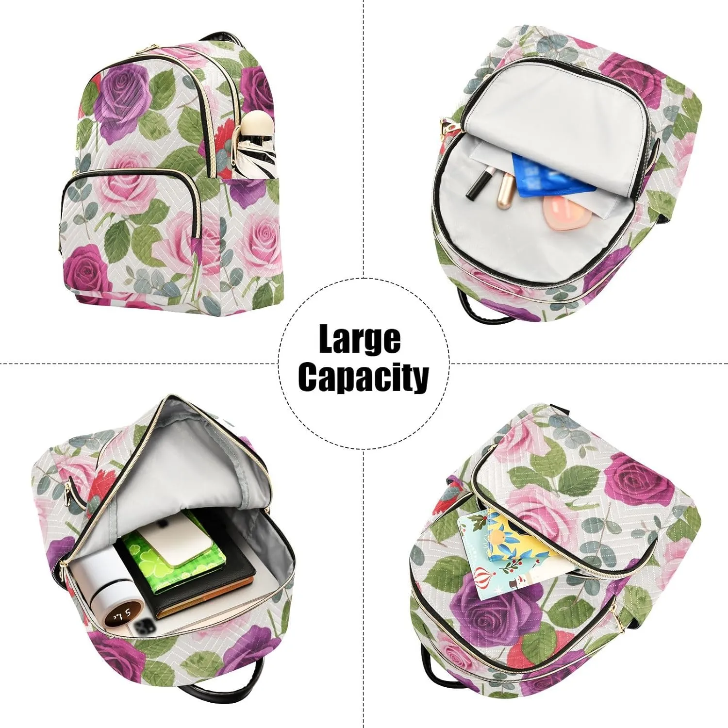 Mini Backpack Quilted Purse for Womens Small Backpack Daypack Rose Pattern for Travel Daily Camping,Multi4