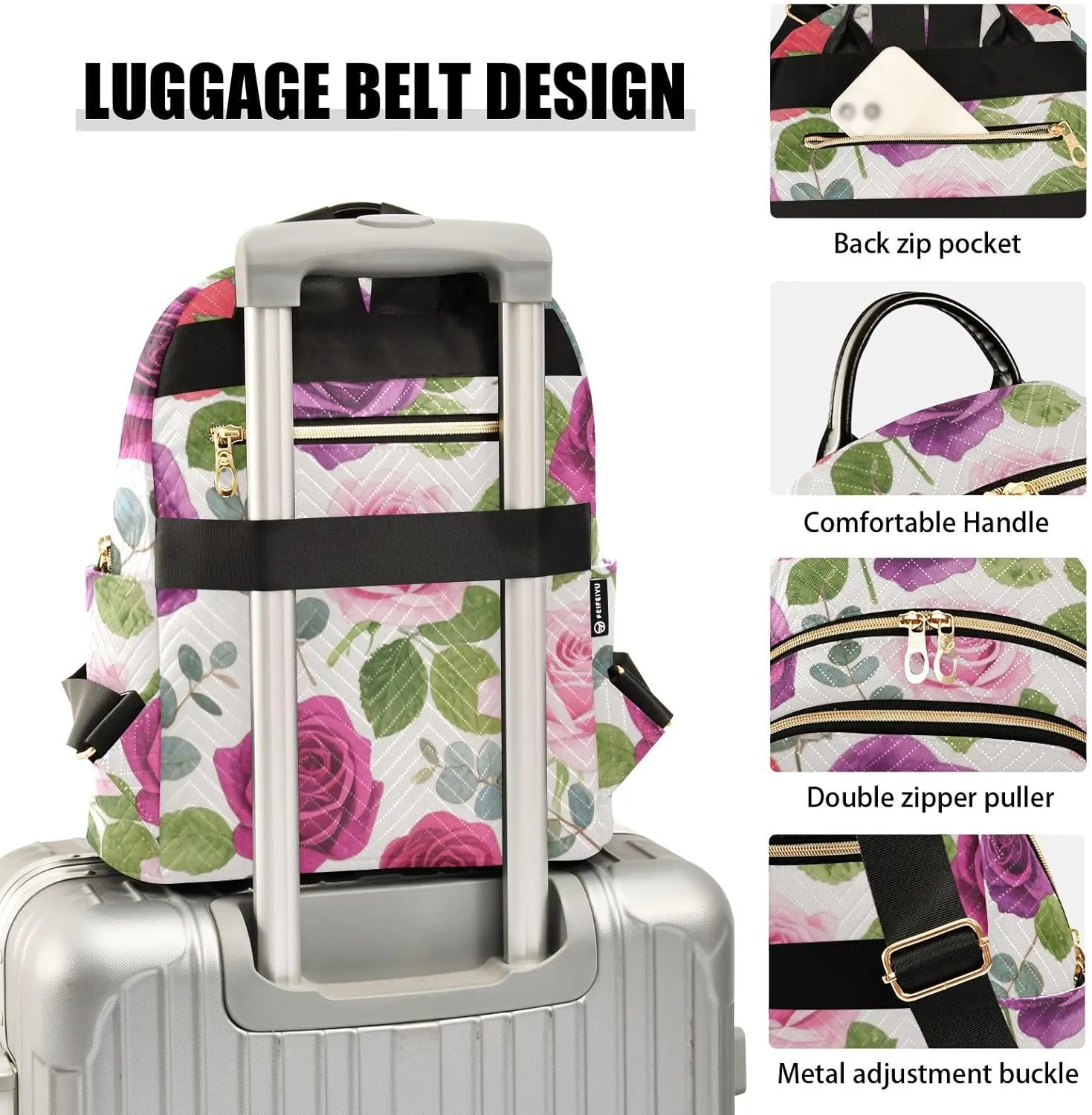 Mini Backpack Quilted Purse for Womens Small Backpack Daypack Rose Pattern for Travel Daily Camping,Multi4