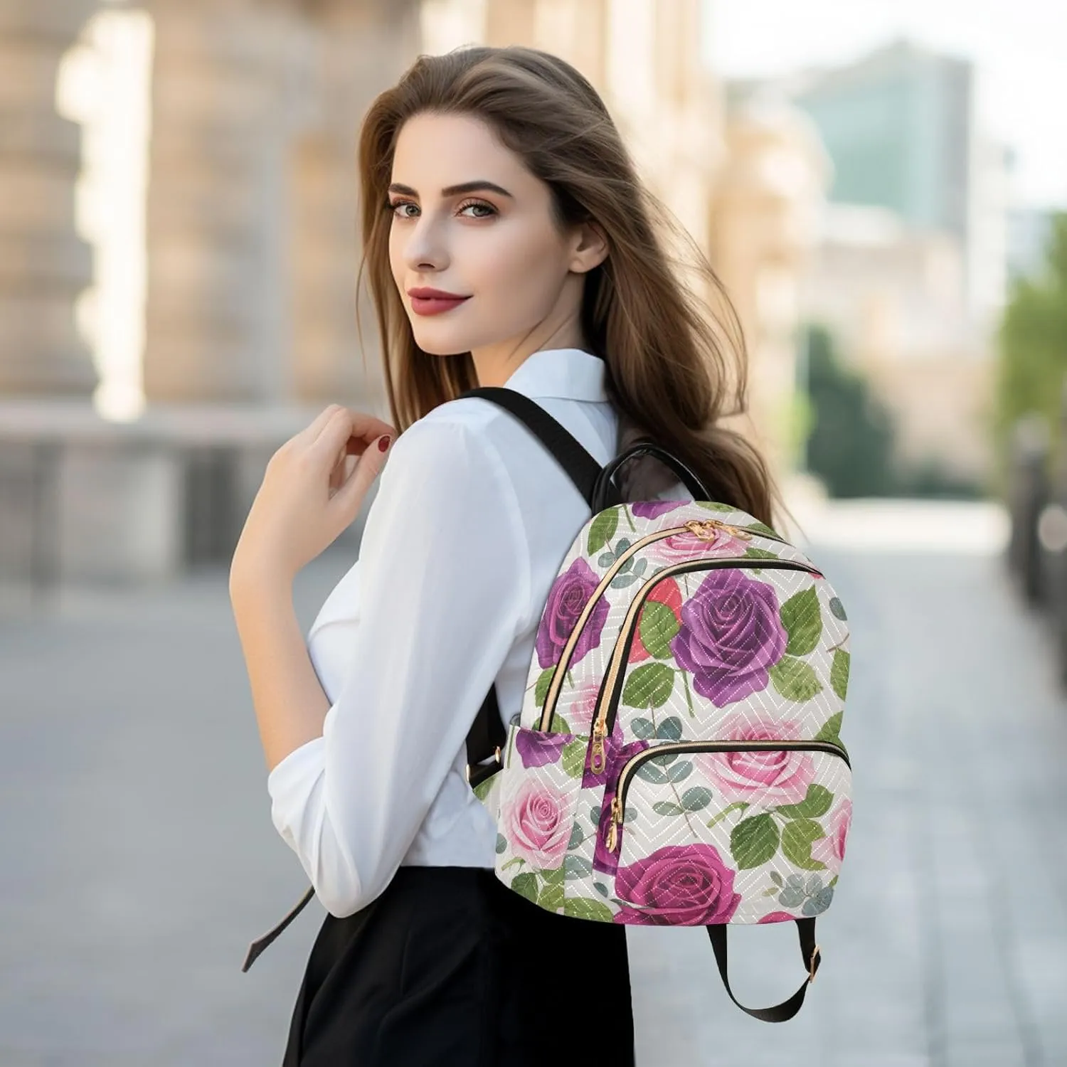Mini Backpack Quilted Purse for Womens Small Backpack Daypack Rose Pattern for Travel Daily Camping,Multi4