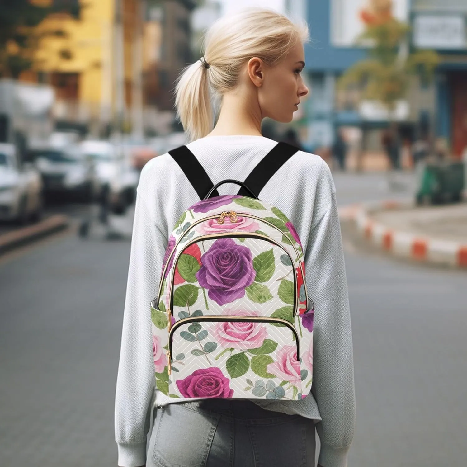 Mini Backpack Quilted Purse for Womens Small Backpack Daypack Rose Pattern for Travel Daily Camping,Multi4