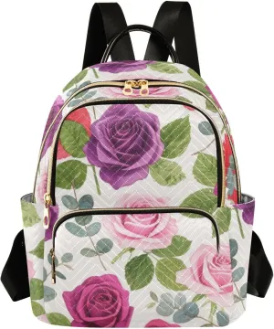 Mini Backpack Quilted Purse for Womens Small Backpack Daypack Rose Pattern for Travel Daily Camping,Multi4