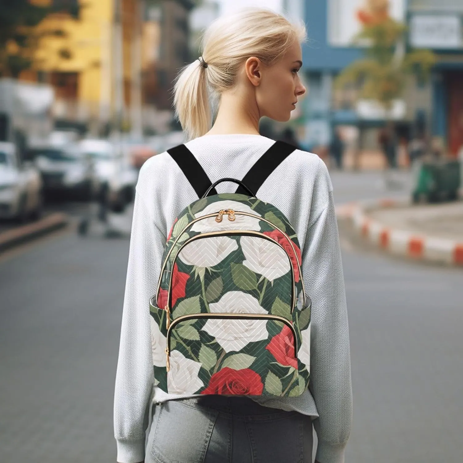 Mini Backpack Quilted Purse for Womens Small Backpack Daypack Rose Pattern for Travel Daily Office,Multi10