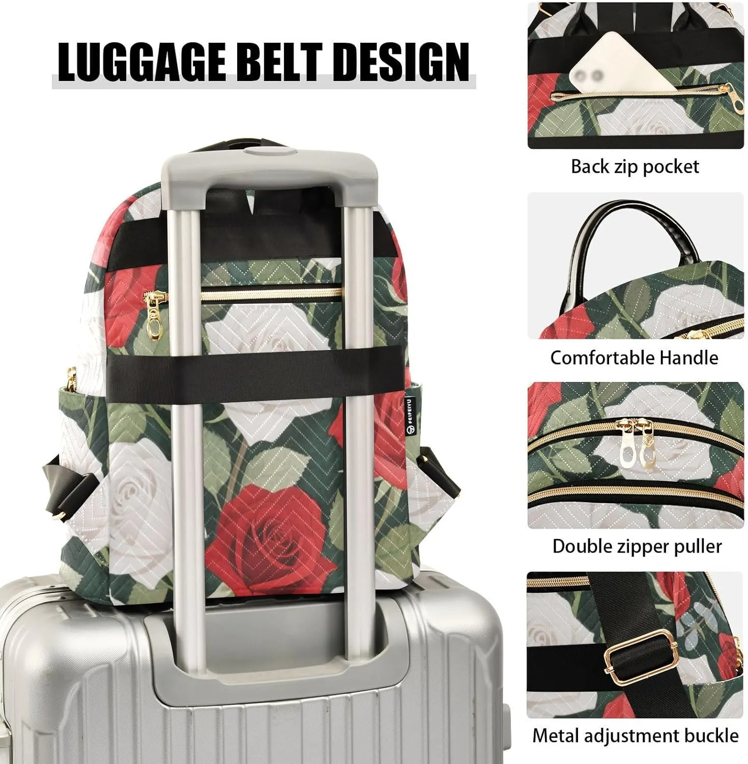 Mini Backpack Quilted Purse for Womens Small Backpack Daypack Rose Pattern for Travel Daily Office,Multi10