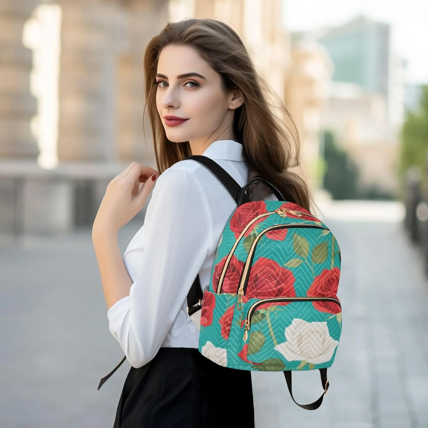 Mini Backpack Quilted Purse for Womens Small Backpack Daypack Rose Pattern for Travel Daily Office,Multi12