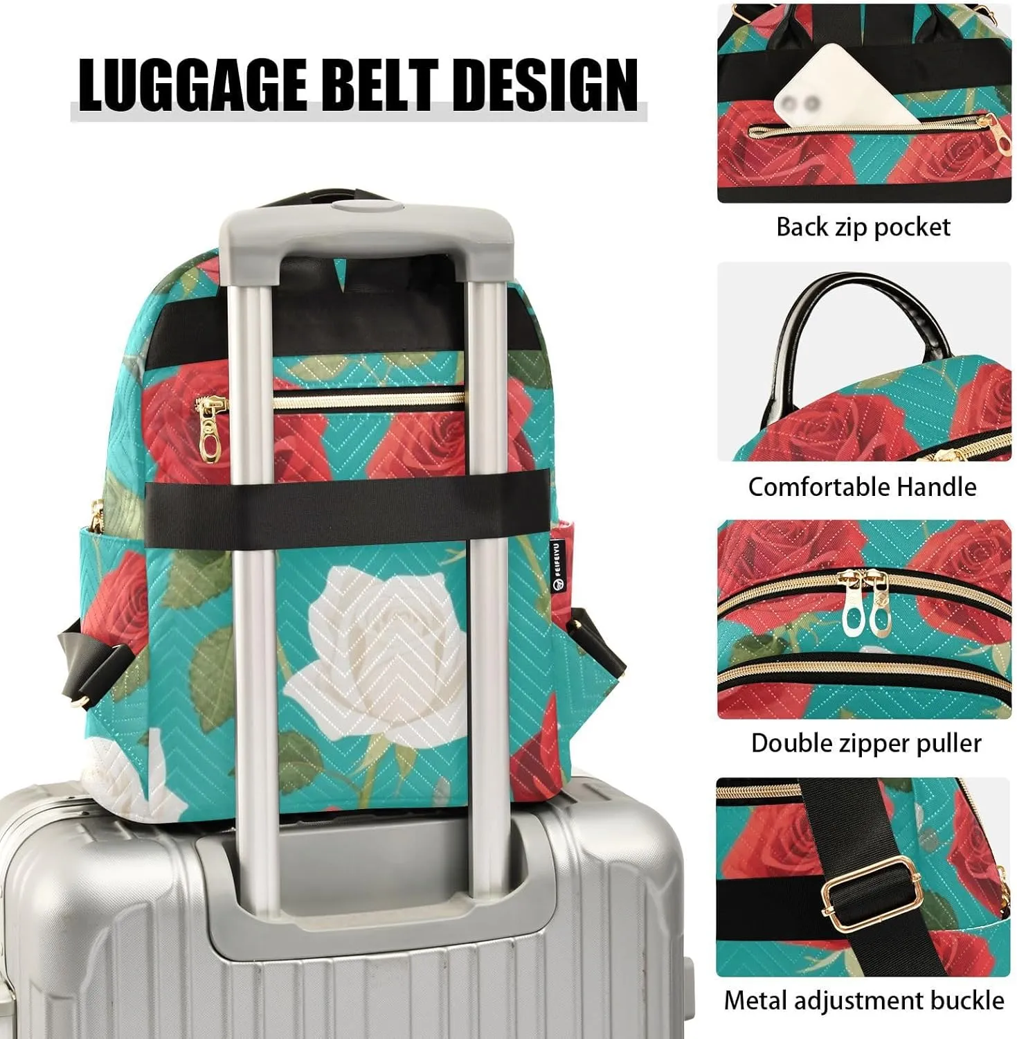 Mini Backpack Quilted Purse for Womens Small Backpack Daypack Rose Pattern for Travel Daily Office,Multi12