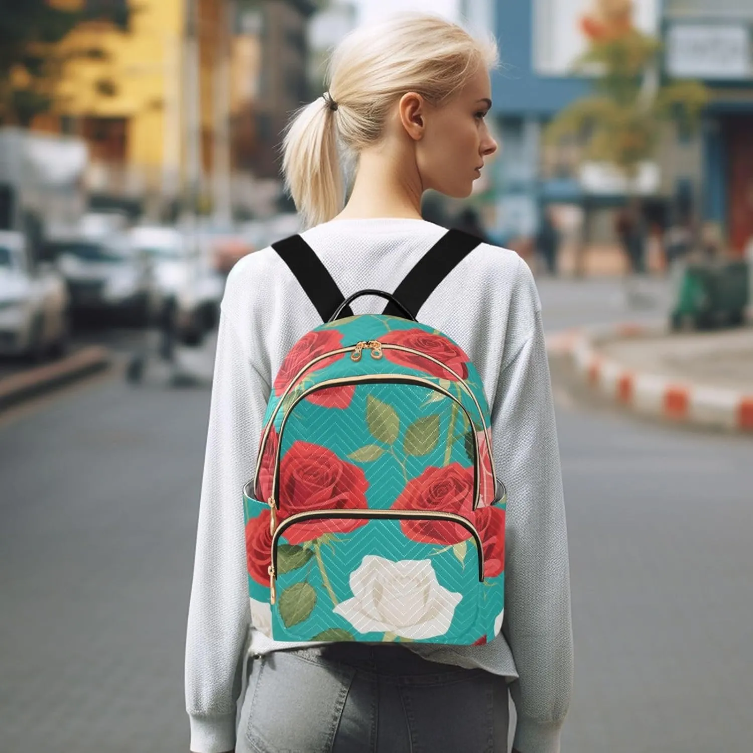 Mini Backpack Quilted Purse for Womens Small Backpack Daypack Rose Pattern for Travel Daily Office,Multi12