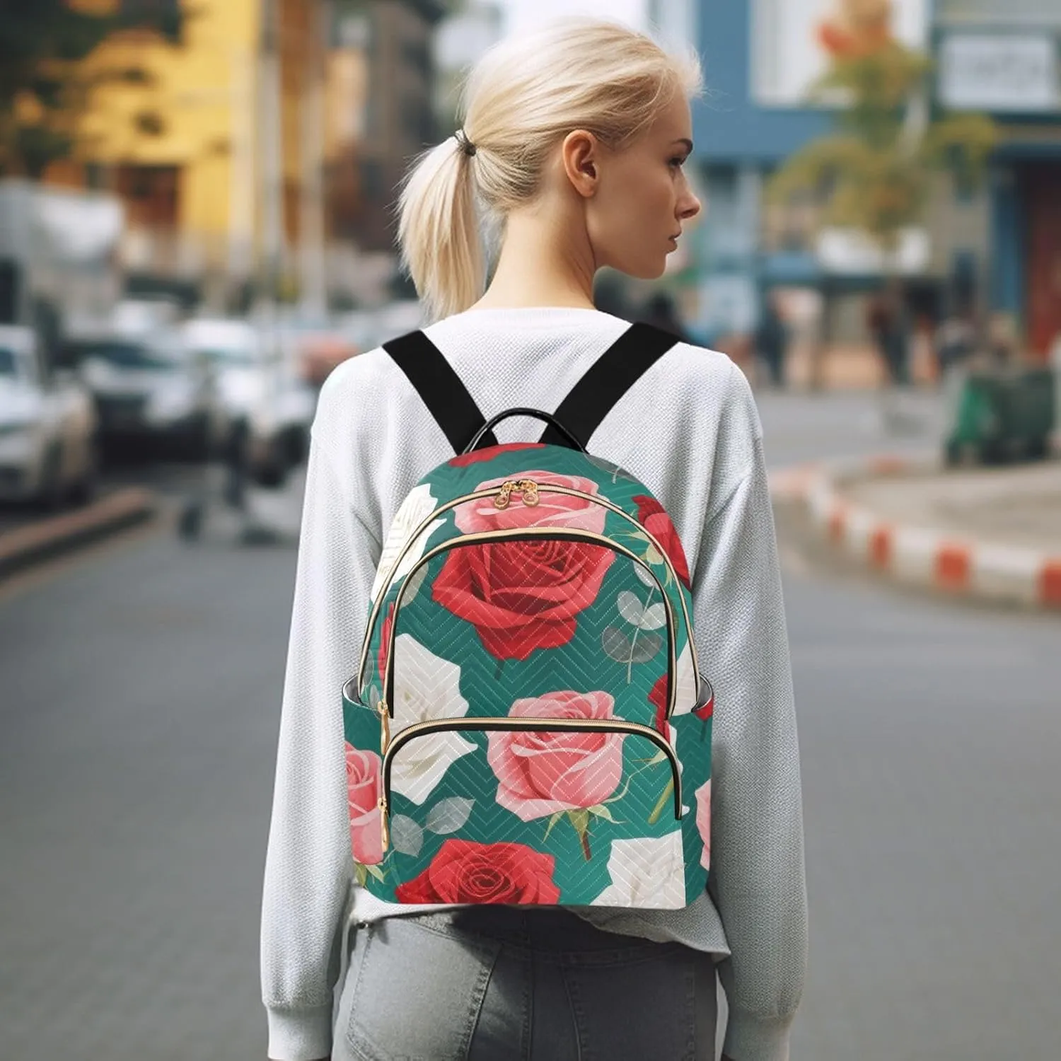 Mini Backpack Quilted Purse for Womens Small Backpack Daypack Rose Pattern for Travel Daily Office,Multi2