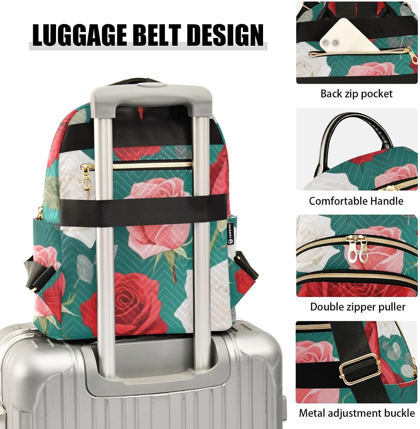 Mini Backpack Quilted Purse for Womens Small Backpack Daypack Rose Pattern for Travel Daily Office,Multi2