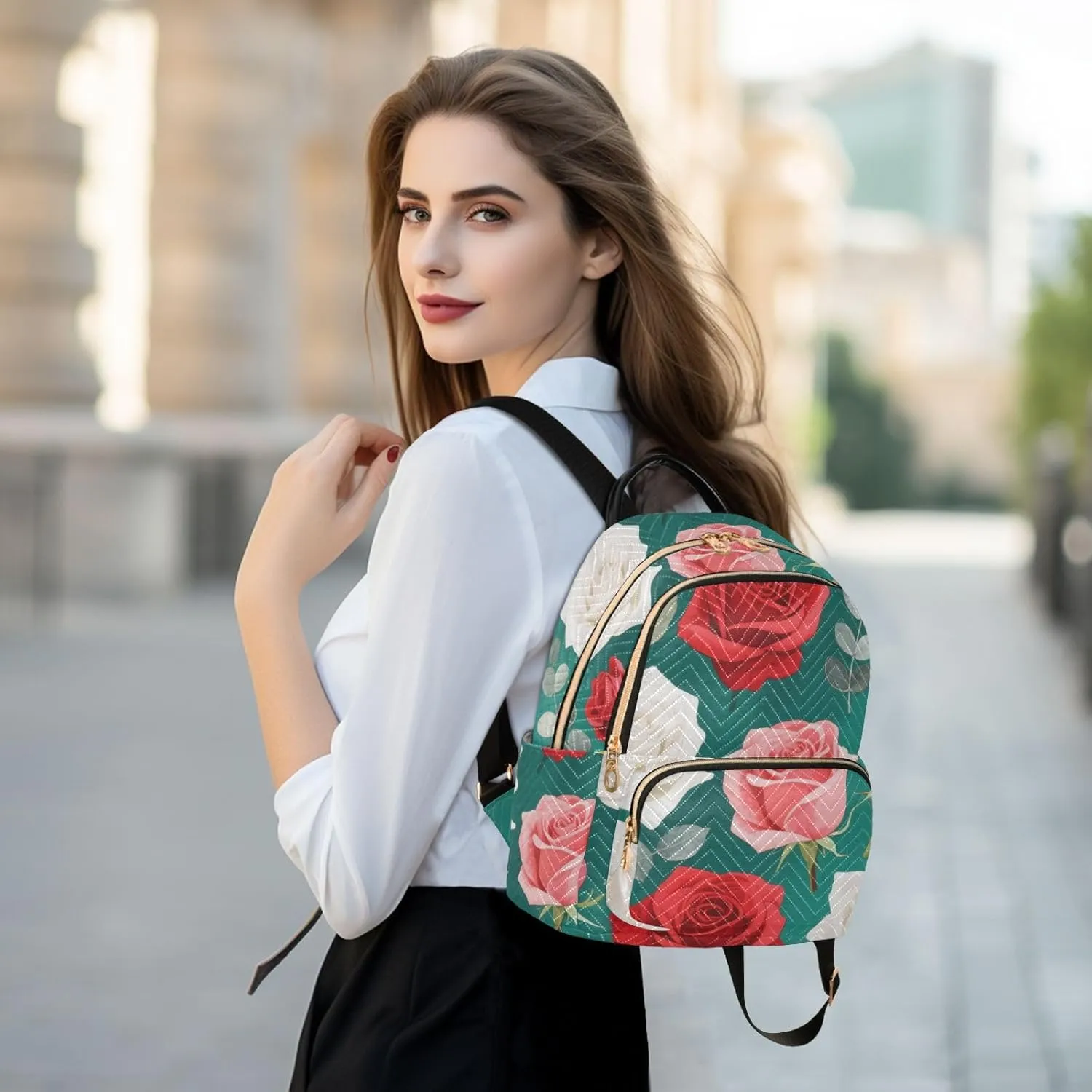 Mini Backpack Quilted Purse for Womens Small Backpack Daypack Rose Pattern for Travel Daily Office,Multi2