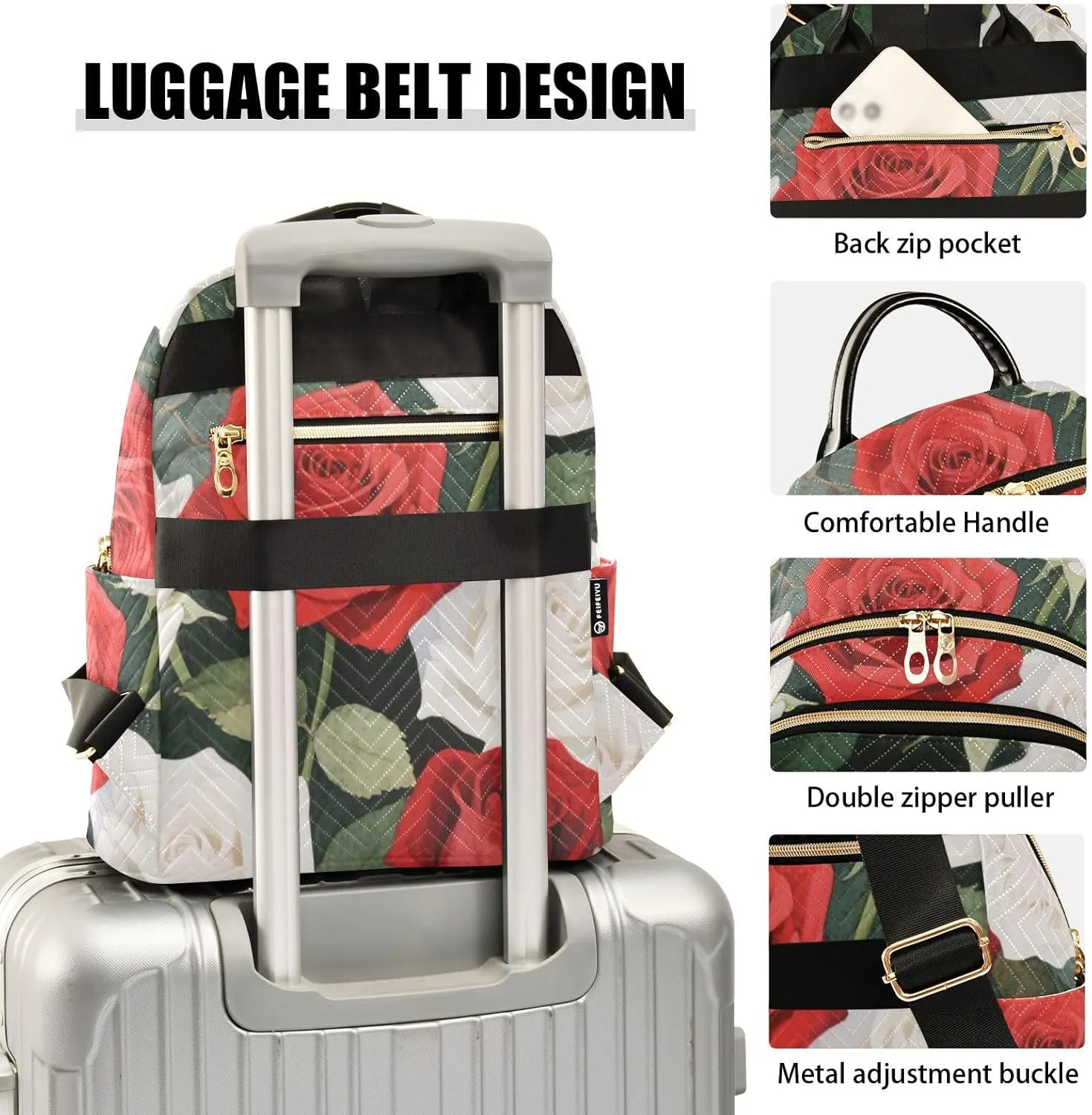 Mini Backpack Quilted Purse for Womens Small Backpack Daypack Rose Pattern for Travel Daily Office,Multi8