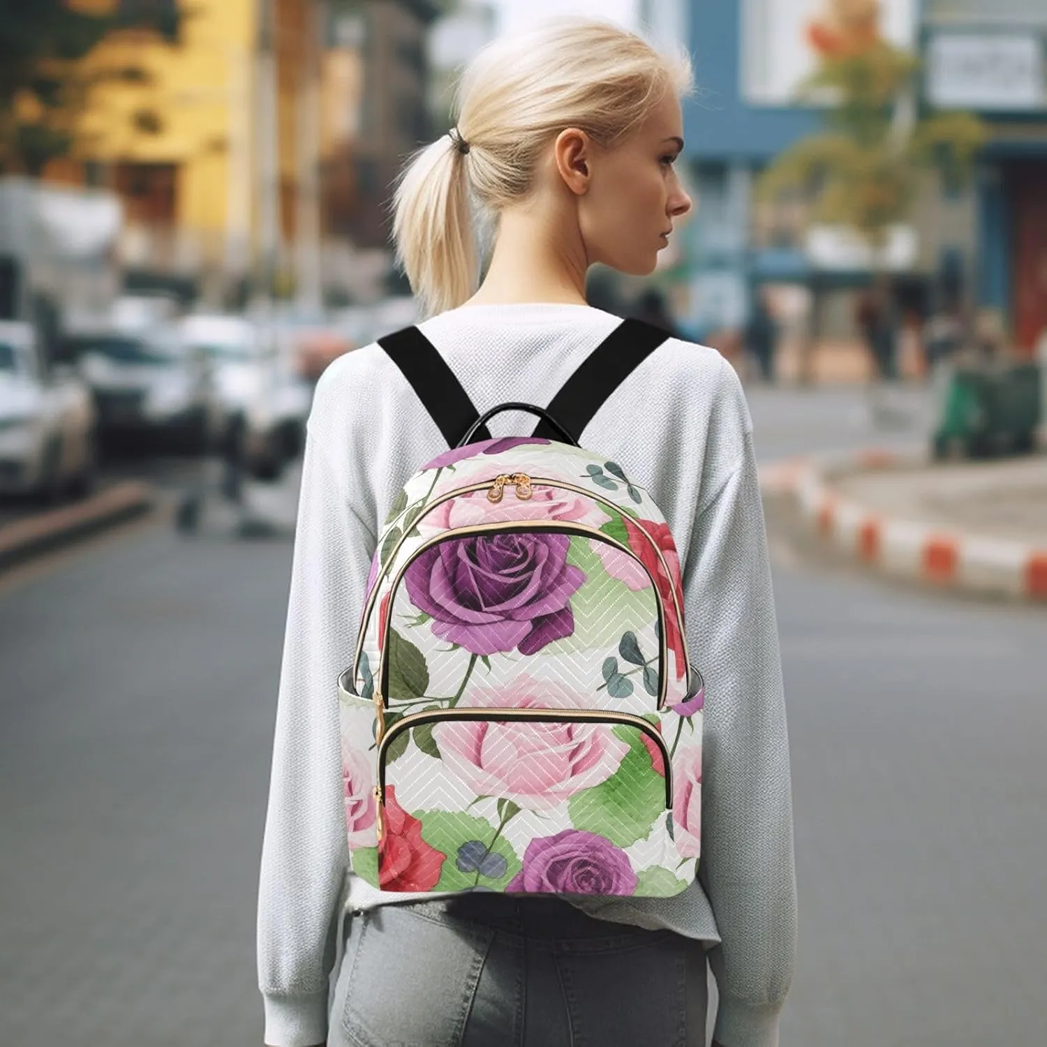 Mini Backpack Quilted Purse for Womens Small Backpack Daypack Rose Print for Travel Daily Camping,Multi11