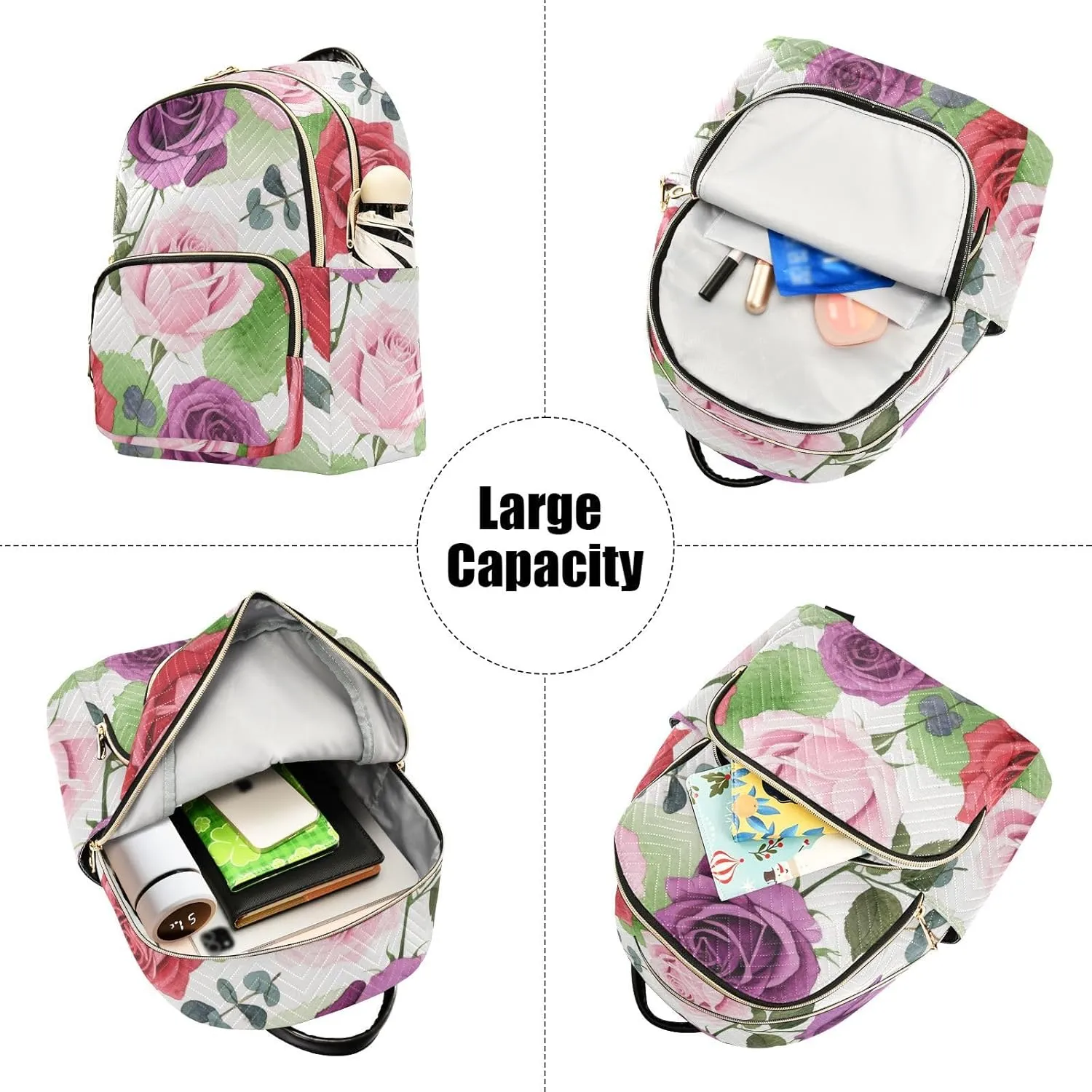 Mini Backpack Quilted Purse for Womens Small Backpack Daypack Rose Print for Travel Daily Camping,Multi11