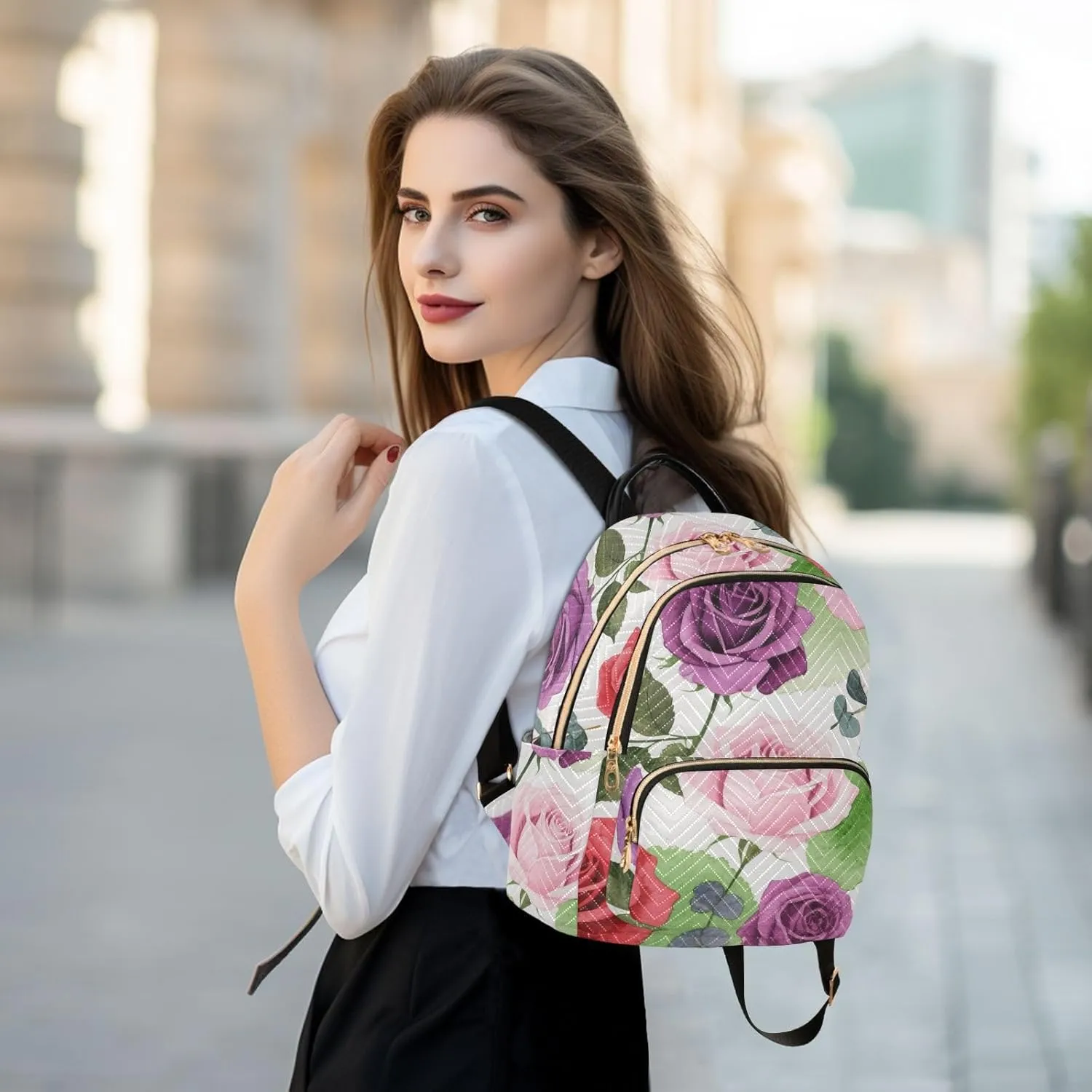 Mini Backpack Quilted Purse for Womens Small Backpack Daypack Rose Print for Travel Daily Camping,Multi11