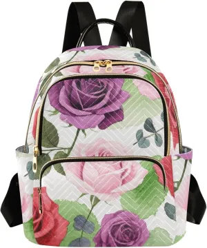 Mini Backpack Quilted Purse for Womens Small Backpack Daypack Rose Print for Travel Daily Camping,Multi11