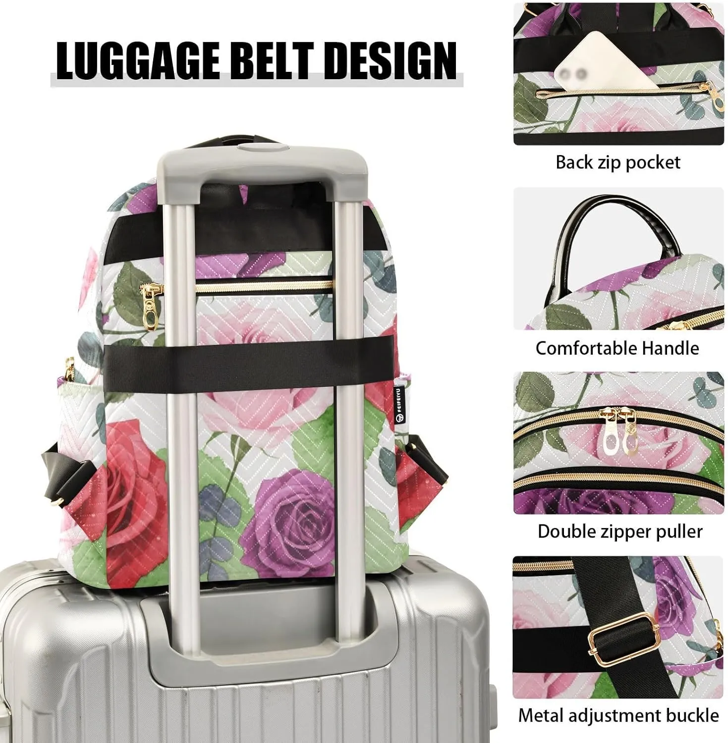 Mini Backpack Quilted Purse for Womens Small Backpack Daypack Rose Print for Travel Daily Camping,Multi11
