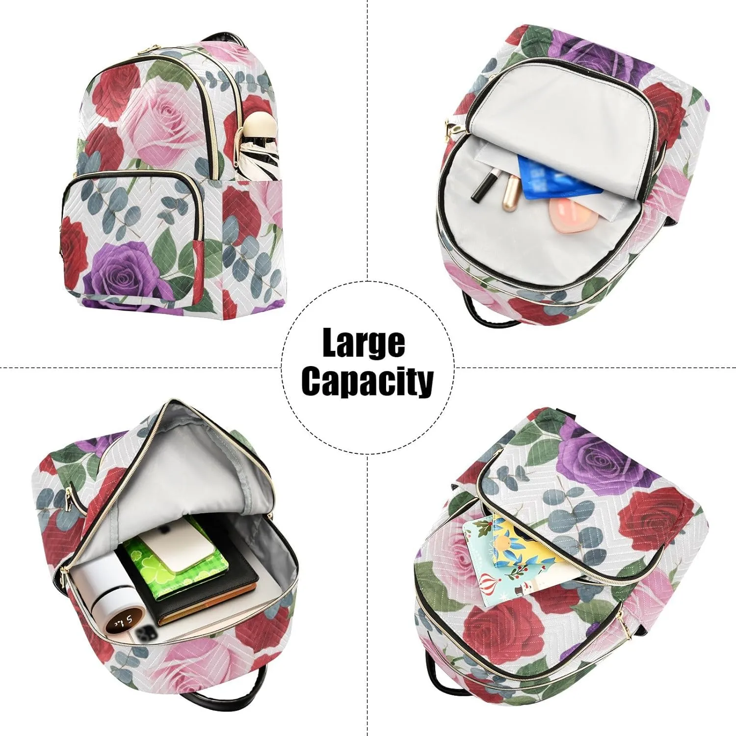 Mini Backpack Quilted Purse for Womens Small Backpack Daypack Rose Print for Travel Daily Camping,Multi12