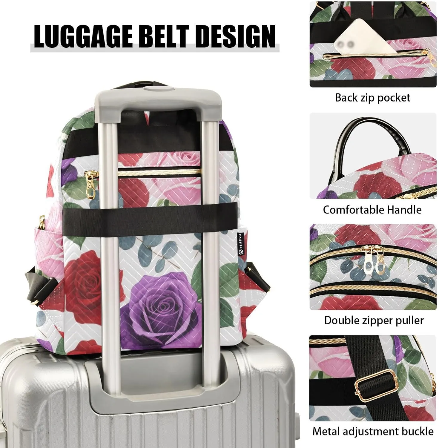 Mini Backpack Quilted Purse for Womens Small Backpack Daypack Rose Print for Travel Daily Camping,Multi12