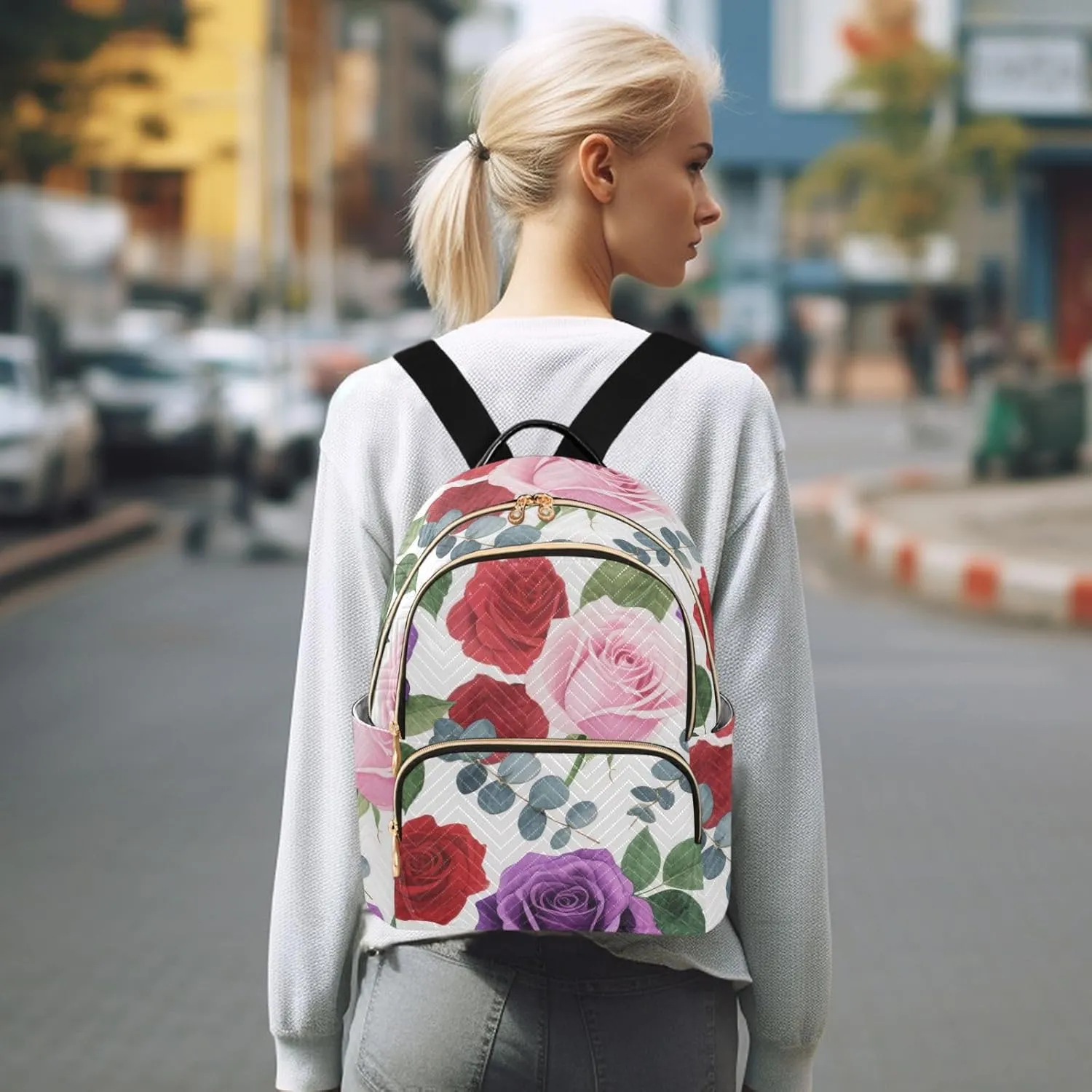 Mini Backpack Quilted Purse for Womens Small Backpack Daypack Rose Print for Travel Daily Camping,Multi12
