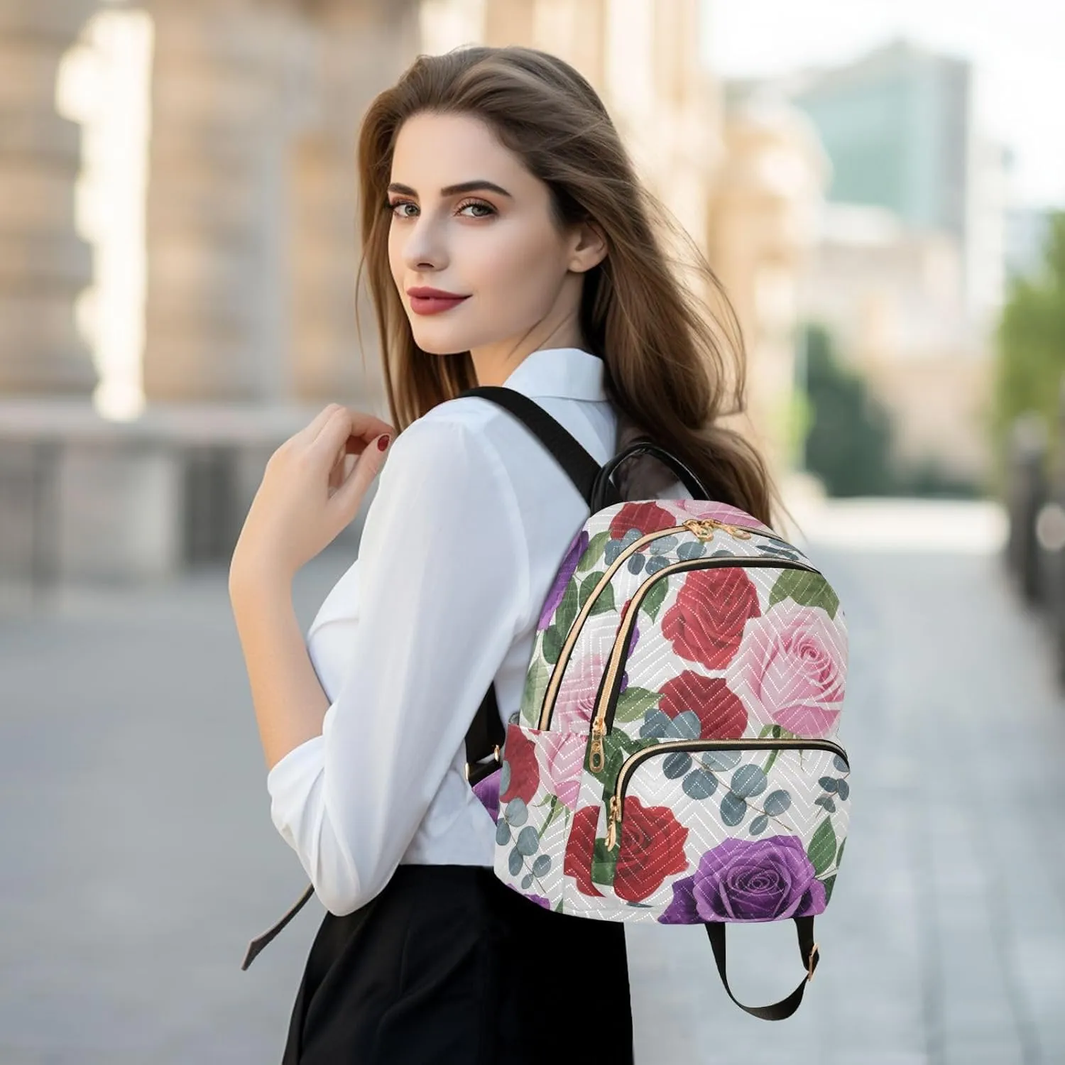 Mini Backpack Quilted Purse for Womens Small Backpack Daypack Rose Print for Travel Daily Camping,Multi12