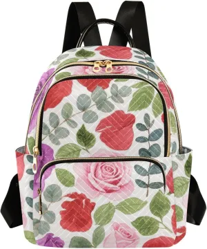 Mini Backpack Quilted Purse for Womens Small Backpack Daypack Rose Print for Travel Daily Camping,Multi2