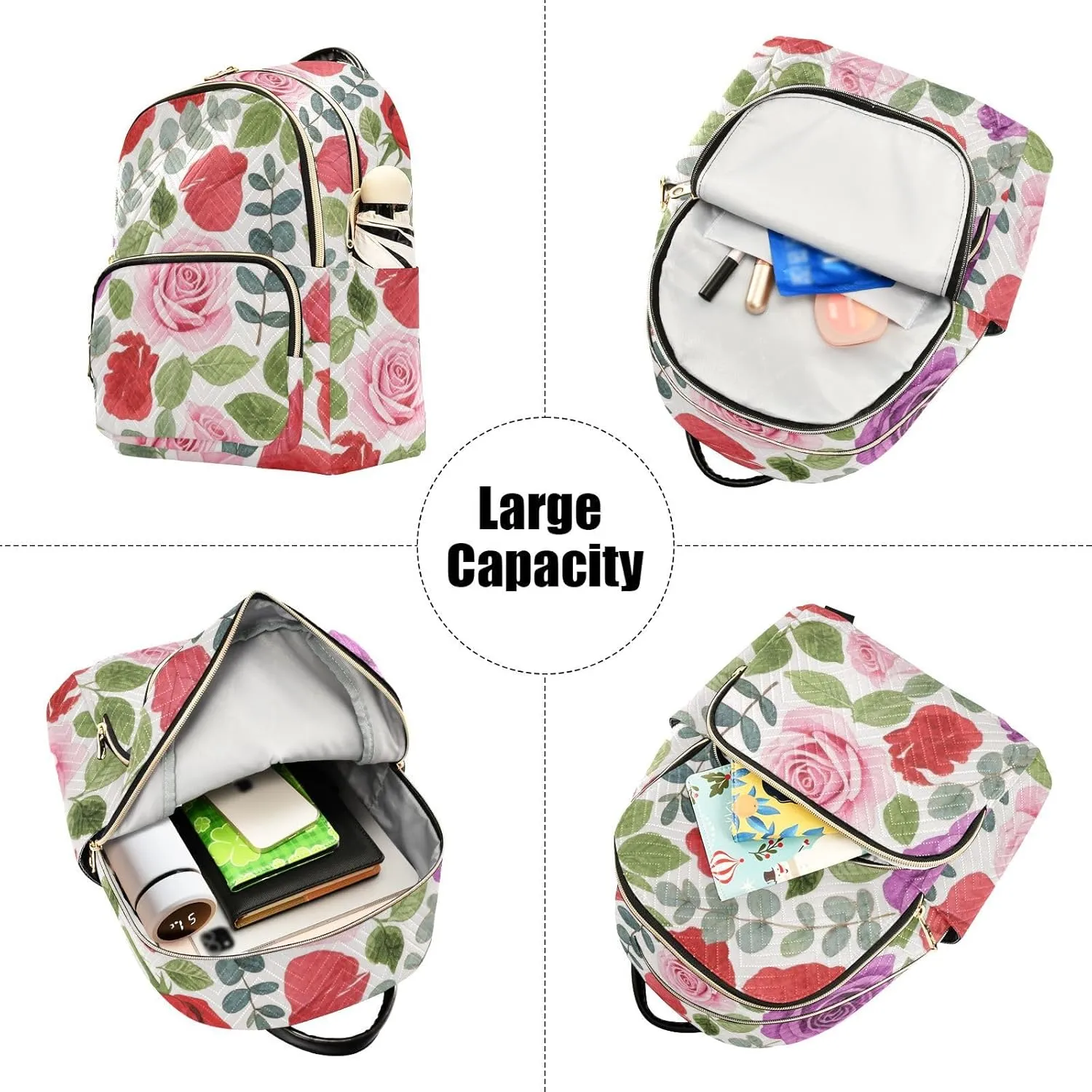 Mini Backpack Quilted Purse for Womens Small Backpack Daypack Rose Print for Travel Daily Camping,Multi2