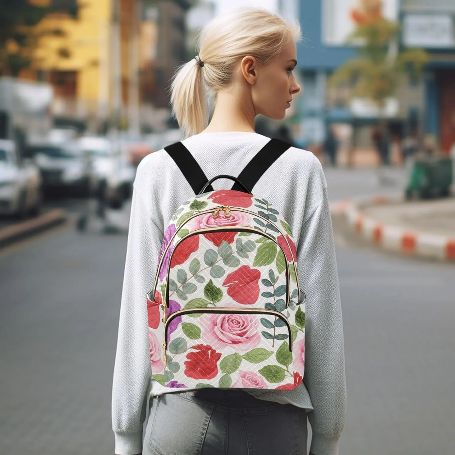 Mini Backpack Quilted Purse for Womens Small Backpack Daypack Rose Print for Travel Daily Camping,Multi2