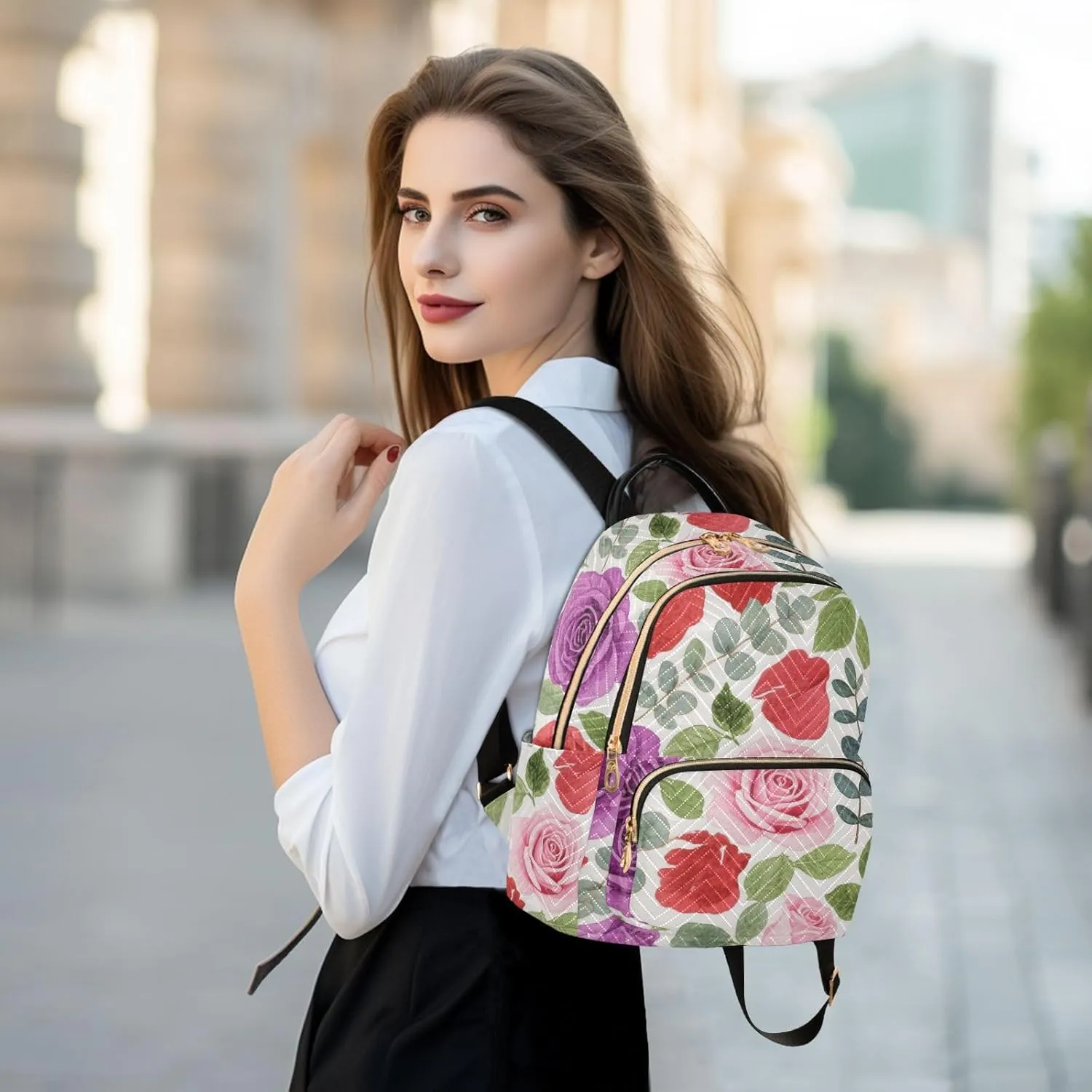 Mini Backpack Quilted Purse for Womens Small Backpack Daypack Rose Print for Travel Daily Camping,Multi2
