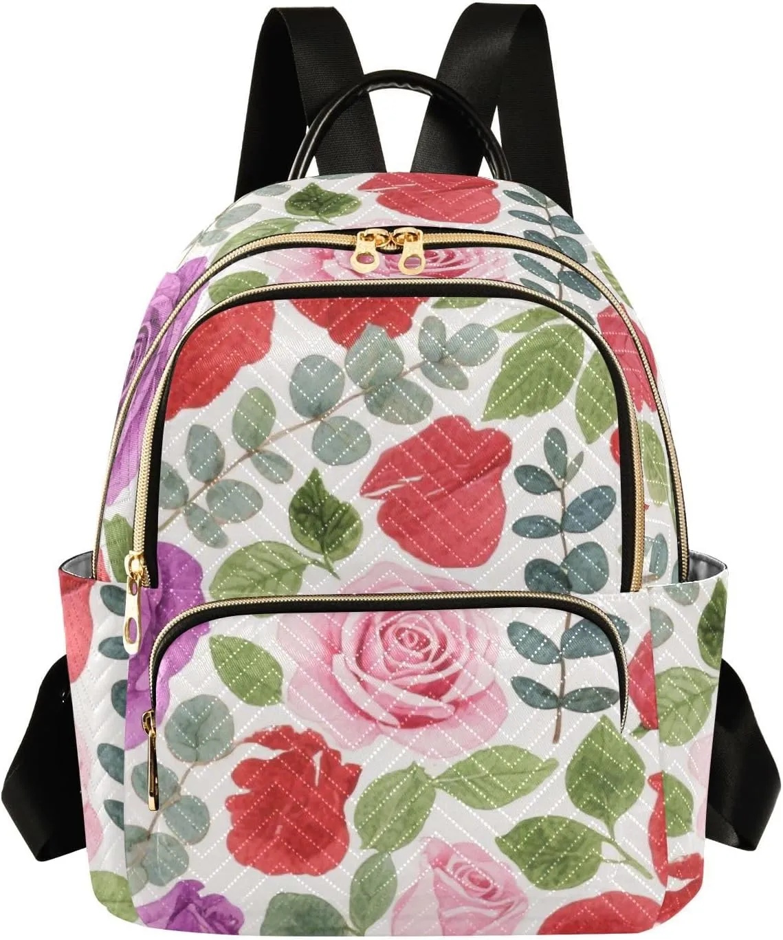 Mini Backpack Quilted Purse for Womens Small Backpack Daypack Rose Print for Travel Daily Camping,Multi2