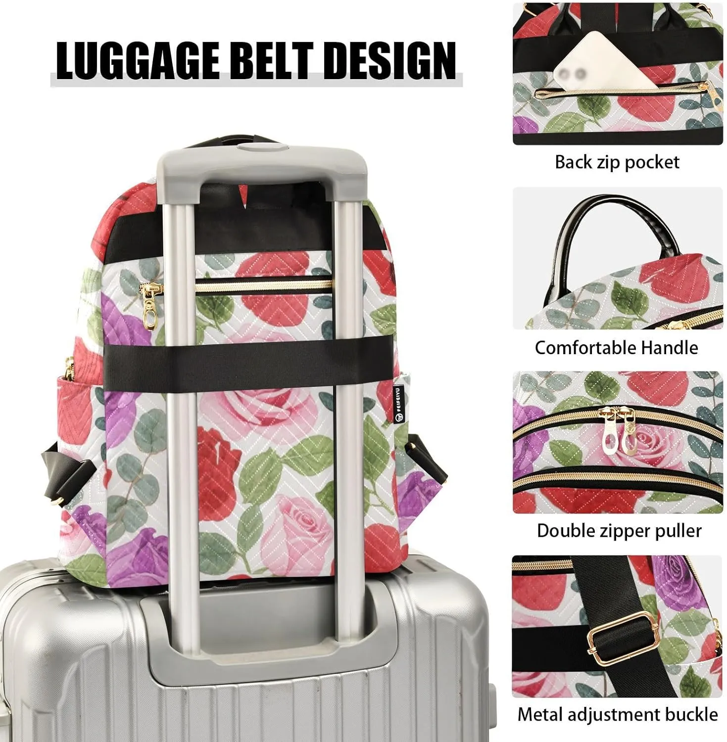 Mini Backpack Quilted Purse for Womens Small Backpack Daypack Rose Print for Travel Daily Camping,Multi2