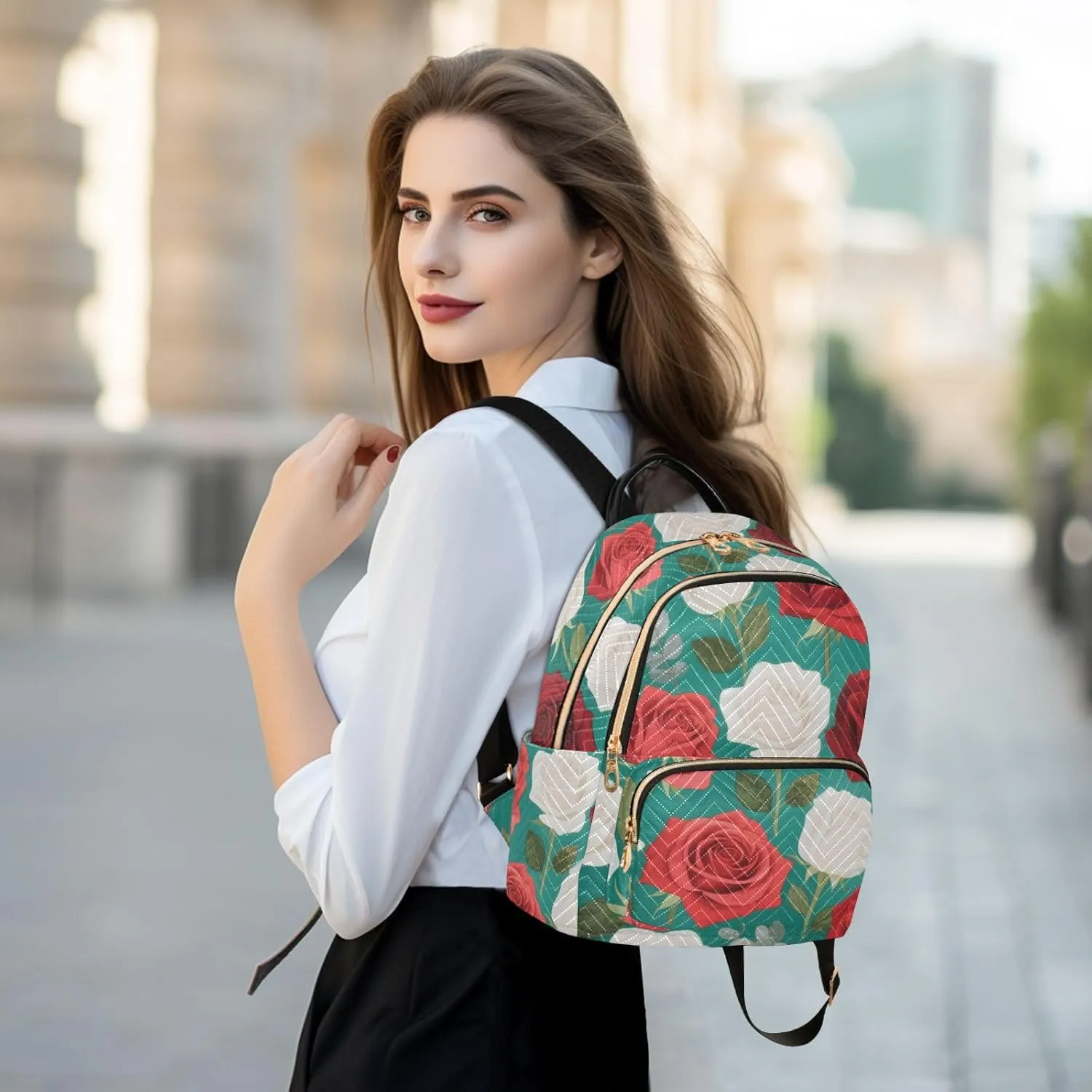 Mini Backpack Quilted Purse for Womens Small Backpack Daypack Rose Print for Travel Daily Work,Multi11