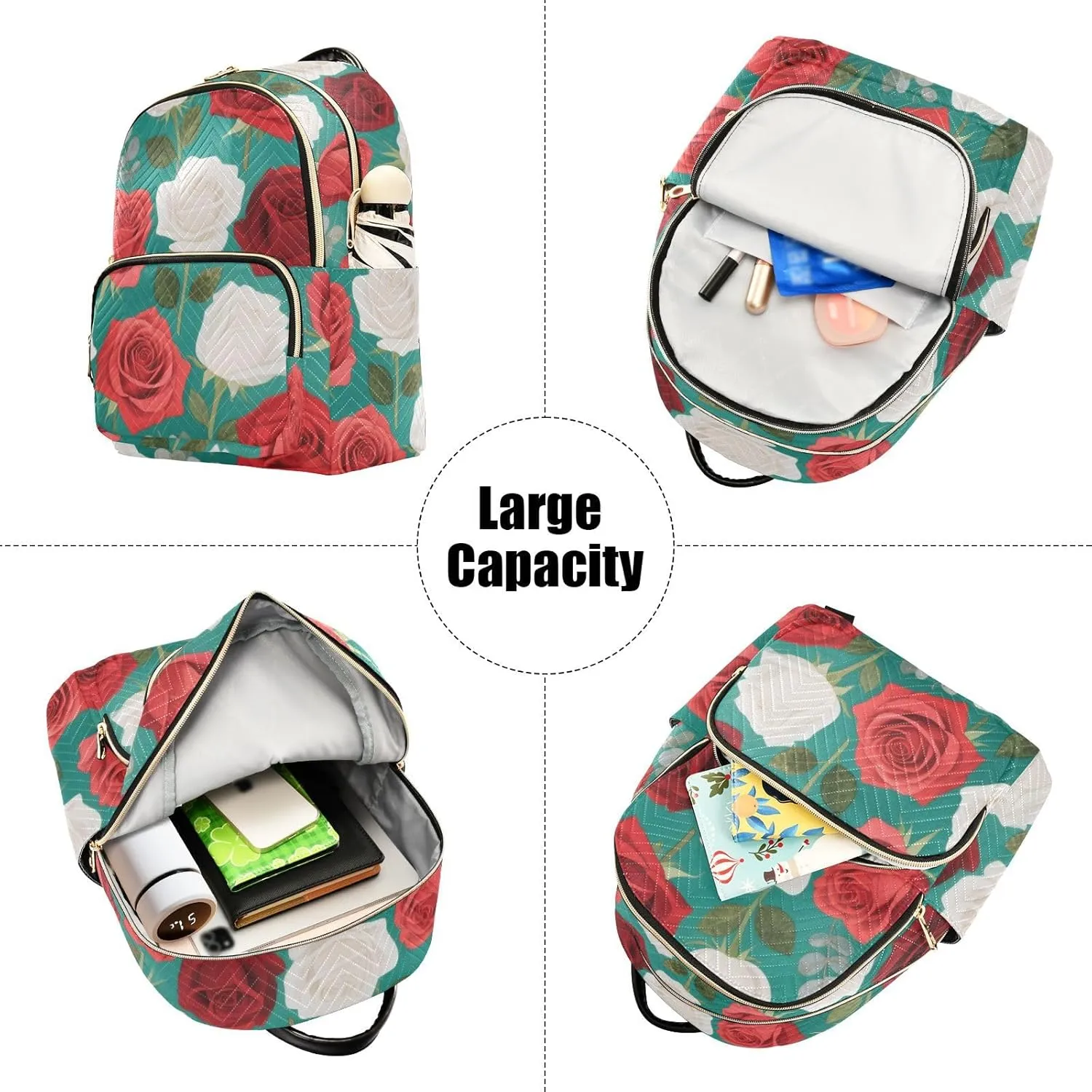 Mini Backpack Quilted Purse for Womens Small Backpack Daypack Rose Print for Travel Daily Work,Multi11