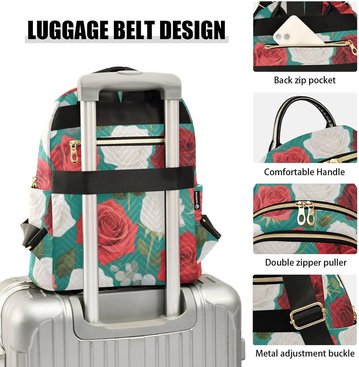 Mini Backpack Quilted Purse for Womens Small Backpack Daypack Rose Print for Travel Daily Work,Multi11