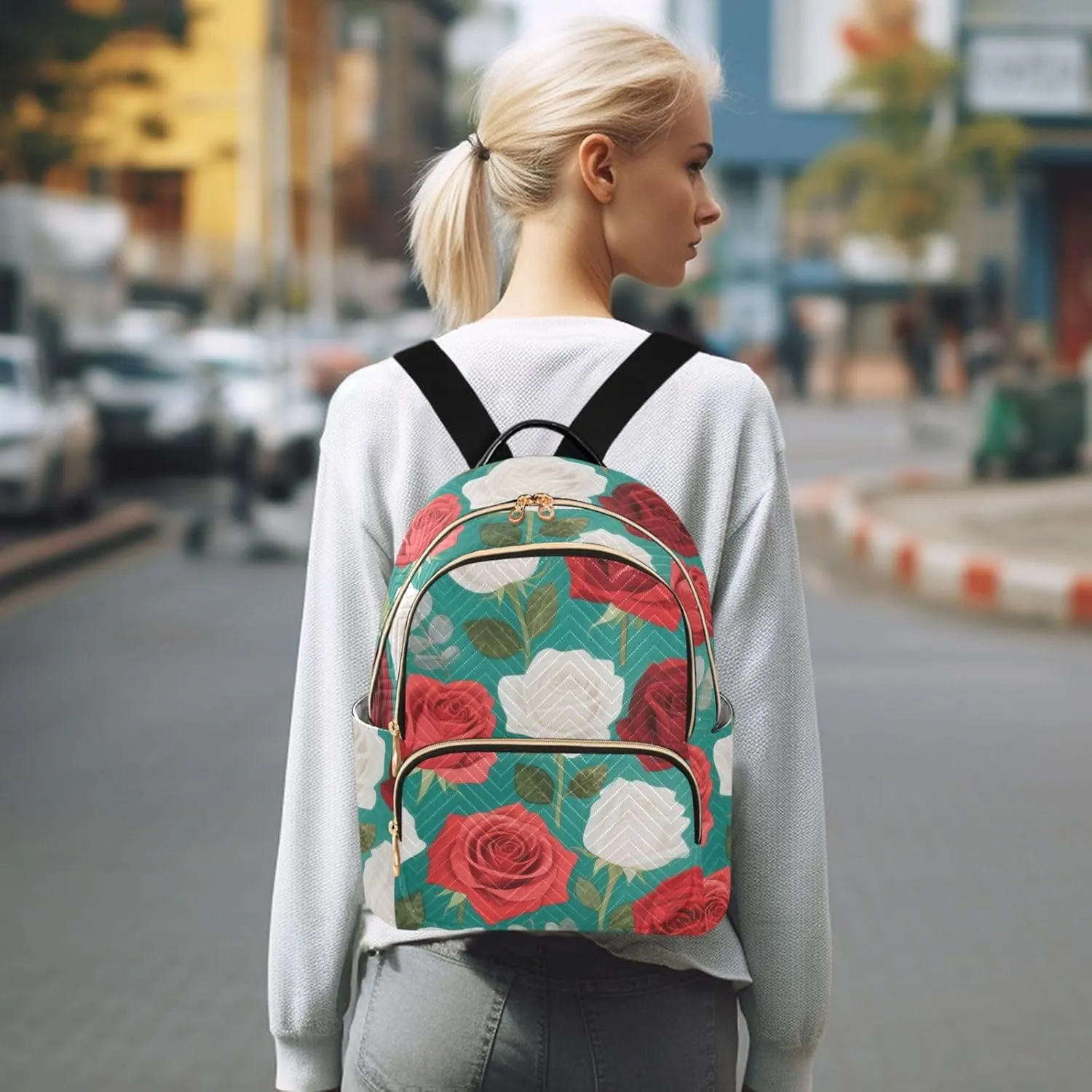 Mini Backpack Quilted Purse for Womens Small Backpack Daypack Rose Print for Travel Daily Work,Multi11