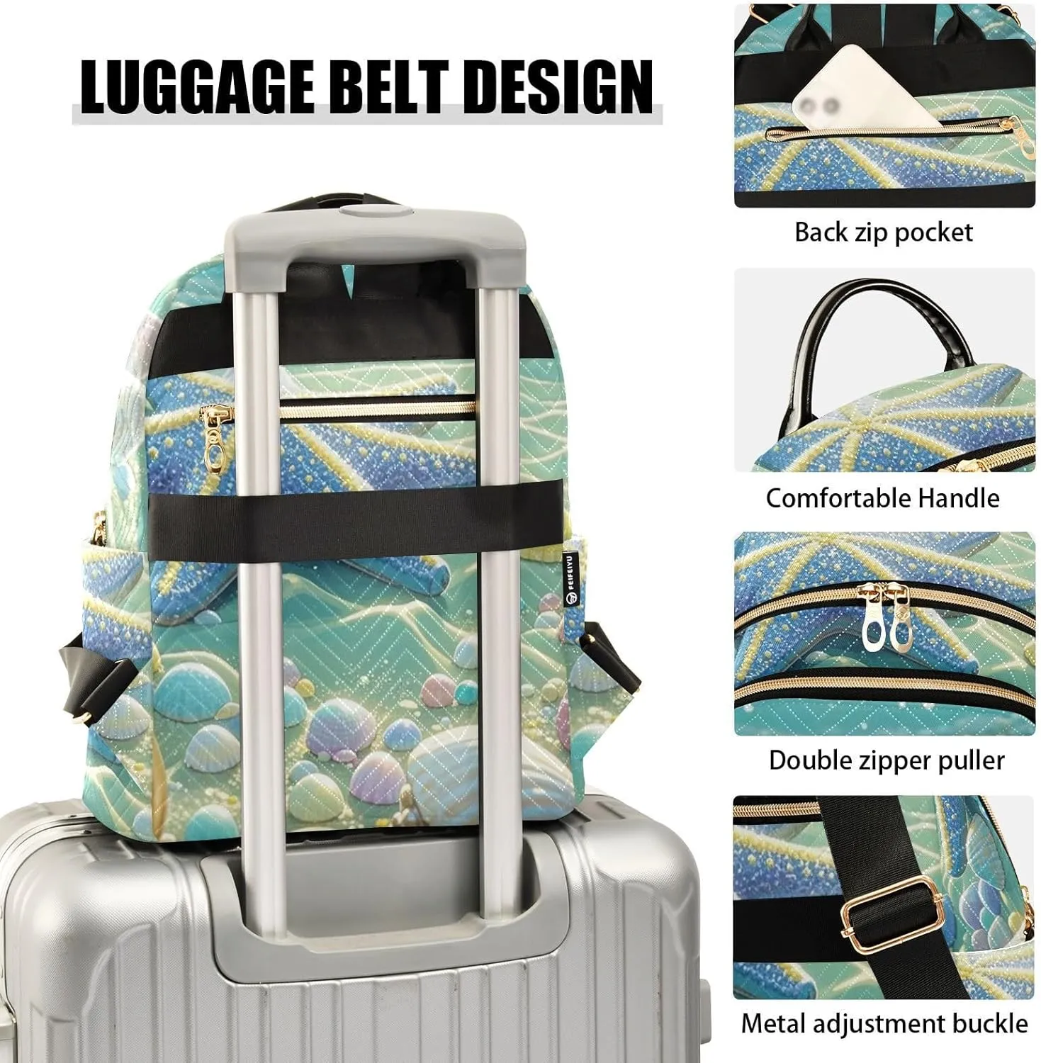 Mini Backpack Quilted Purse for Womens Small Backpack Daypack Starfish Pattern for Travel Daily Camping,Multi10