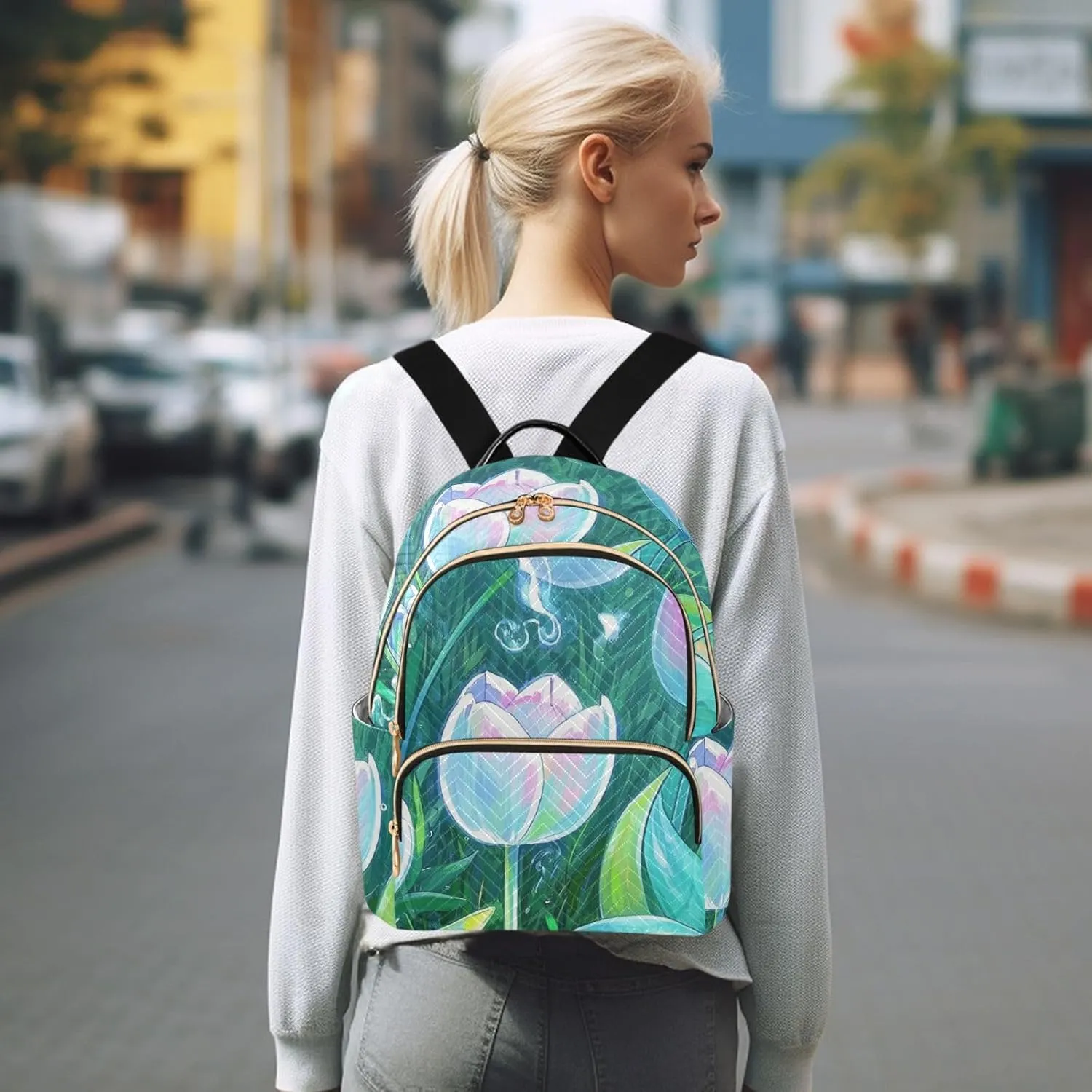 Mini Backpack Quilted Purse for Womens Small Backpack Daypack Tulips Design for Travel Daily Office,Multi10