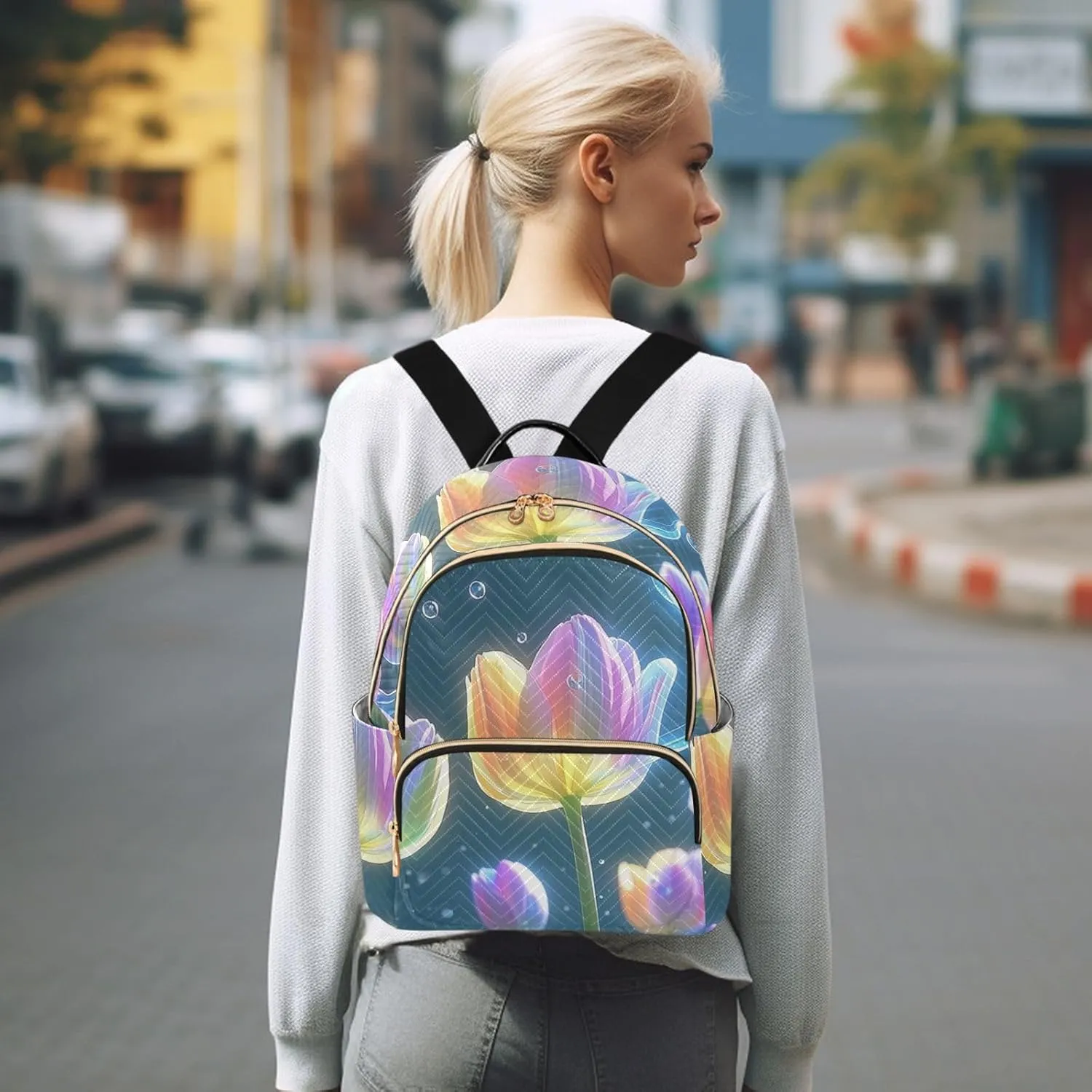 Mini Backpack Quilted Purse for Womens Small Backpack Daypack Tulips Design for Travel Daily Office,Multi11