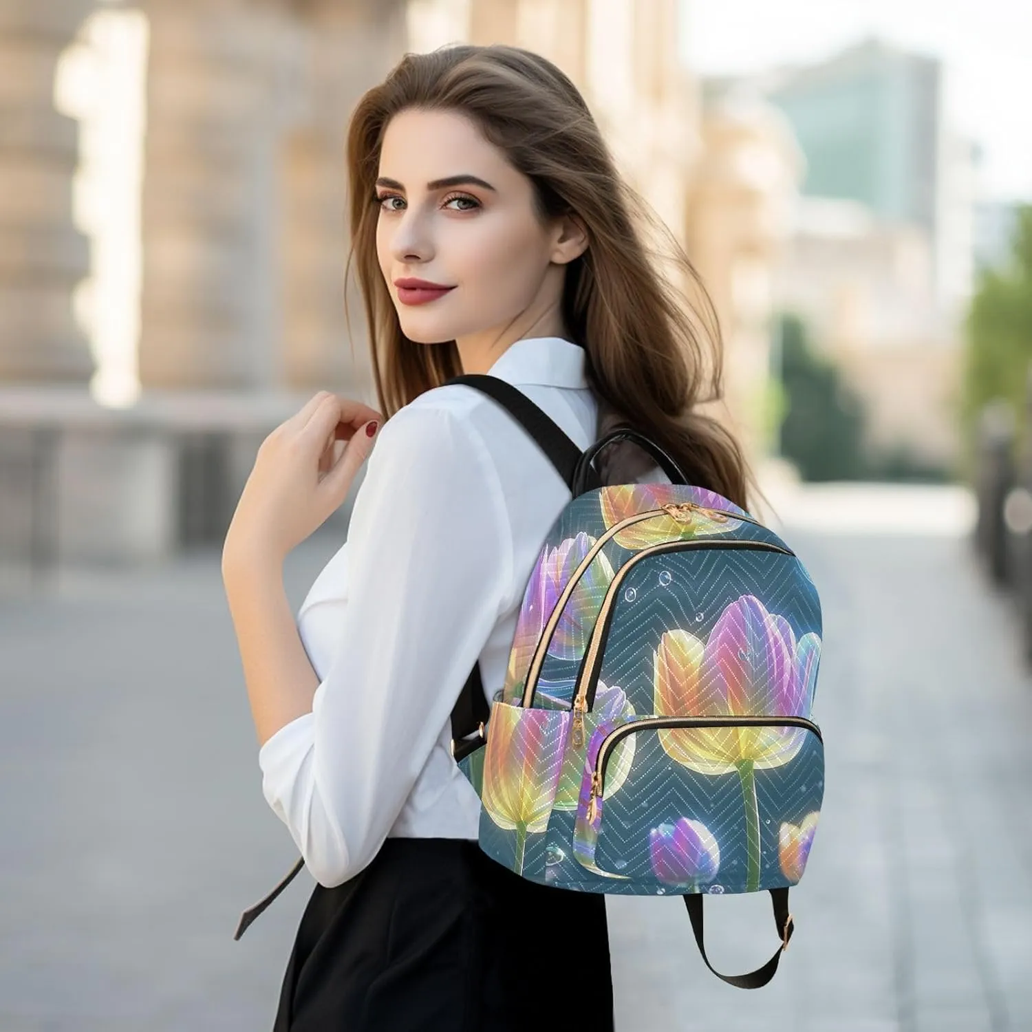 Mini Backpack Quilted Purse for Womens Small Backpack Daypack Tulips Design for Travel Daily Office,Multi11