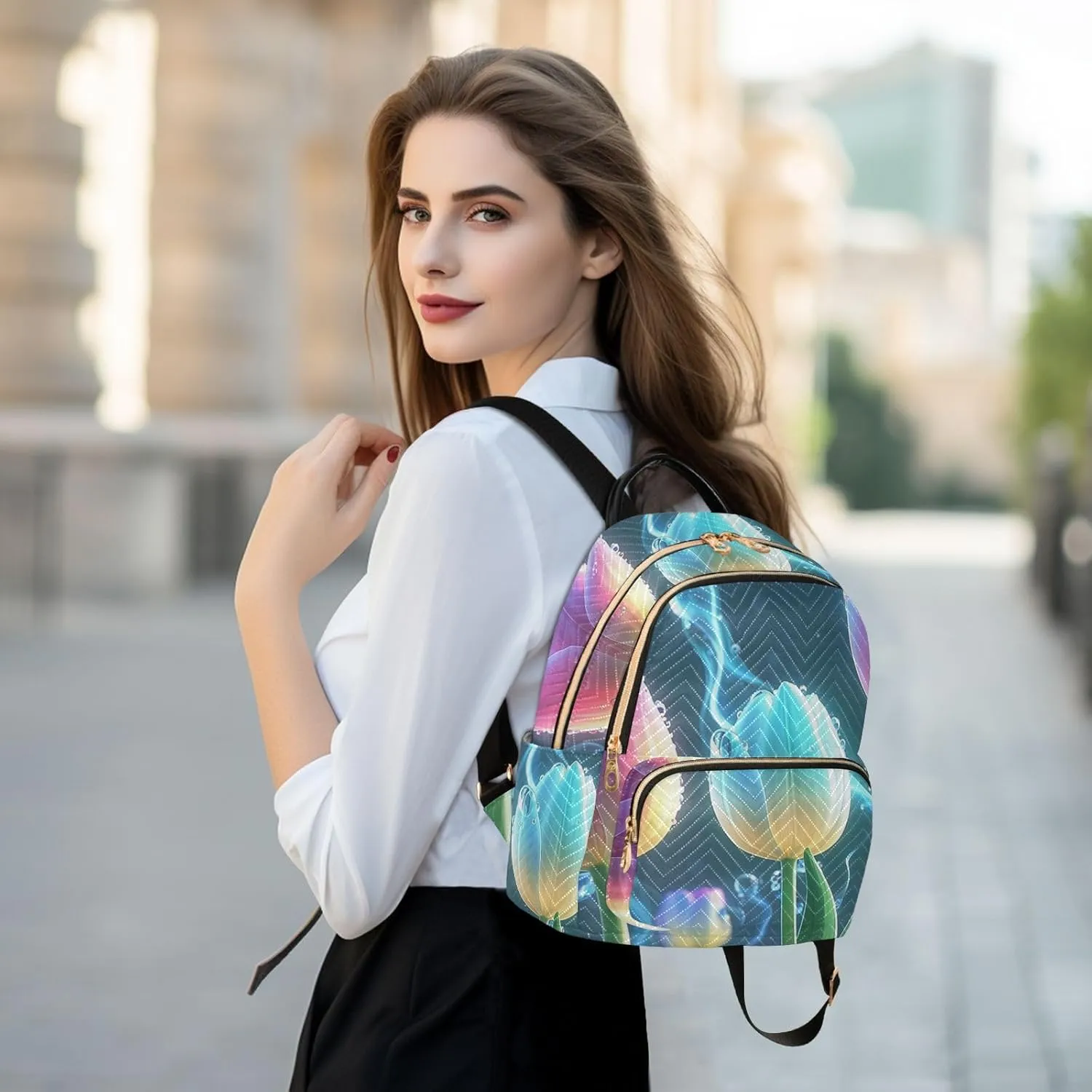 Mini Backpack Quilted Purse for Womens Small Backpack Daypack Tulips Design for Travel Daily Office,Multi2