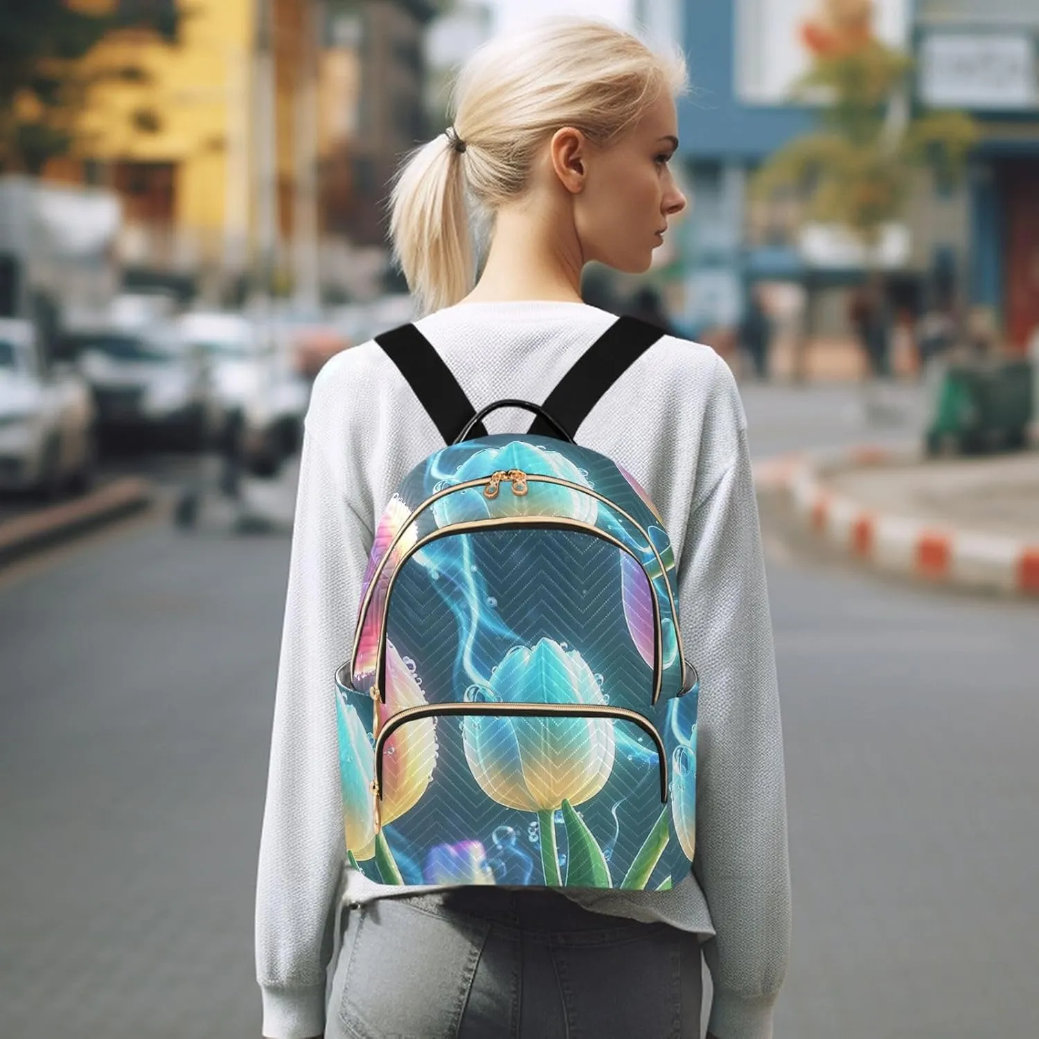 Mini Backpack Quilted Purse for Womens Small Backpack Daypack Tulips Design for Travel Daily Office,Multi2