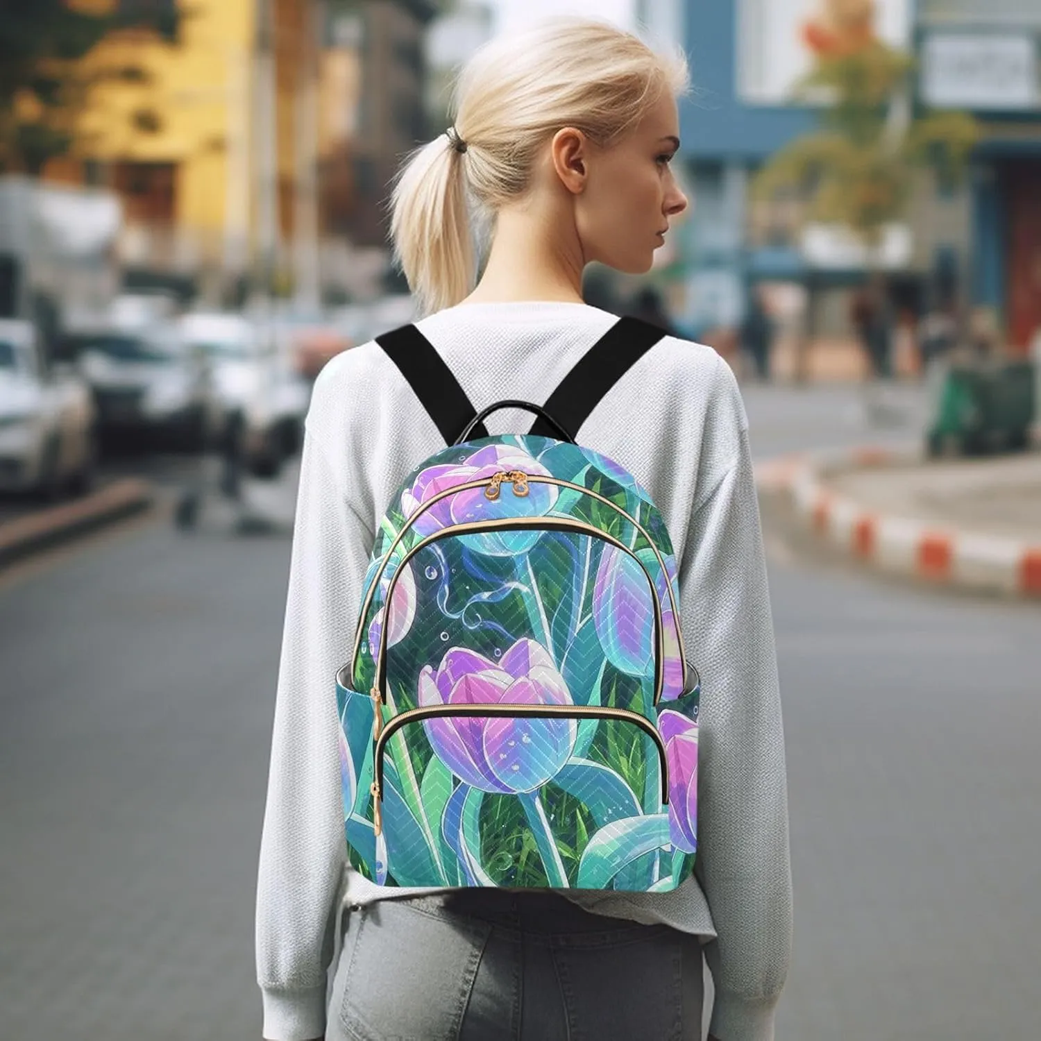 Mini Backpack Quilted Purse for Womens Small Backpack Daypack Tulips Design for Travel Daily Work,Multi3