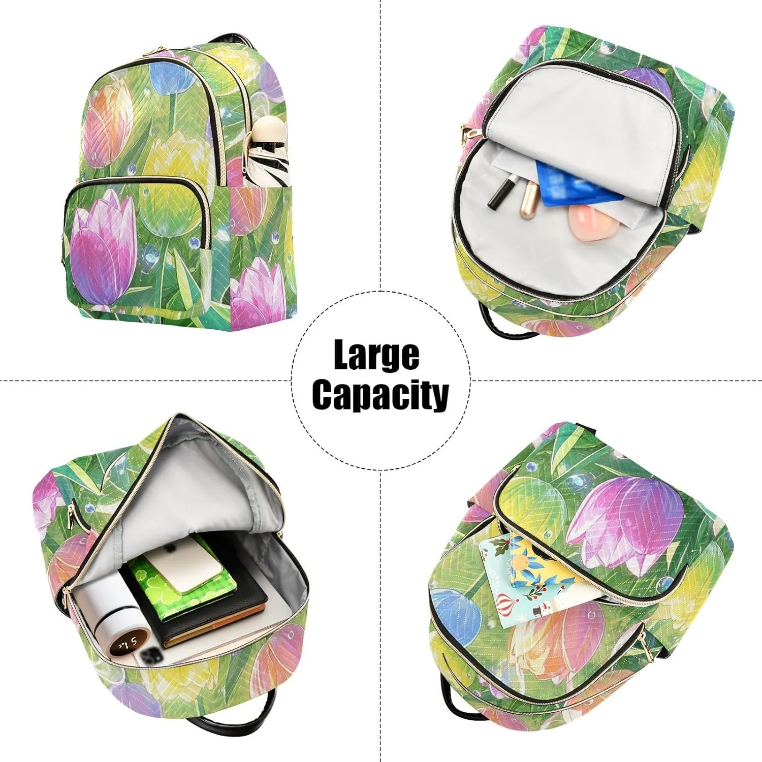 Mini Backpack Quilted Purse for Womens Small Backpack Daypack Tulips Pattern for Travel Daily Office,Multi3