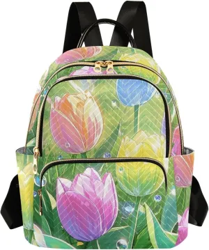 Mini Backpack Quilted Purse for Womens Small Backpack Daypack Tulips Pattern for Travel Daily Office,Multi3