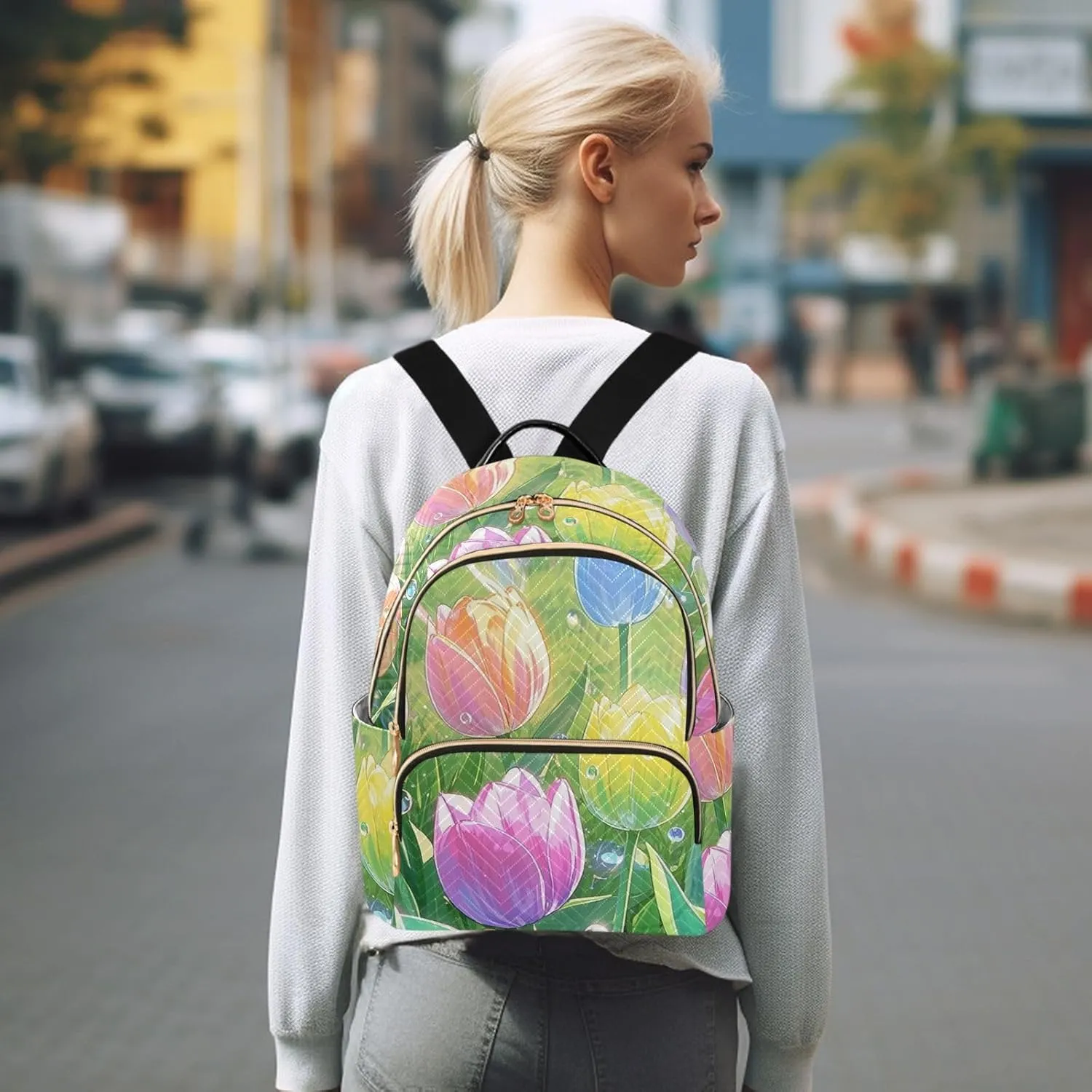 Mini Backpack Quilted Purse for Womens Small Backpack Daypack Tulips Pattern for Travel Daily Office,Multi3