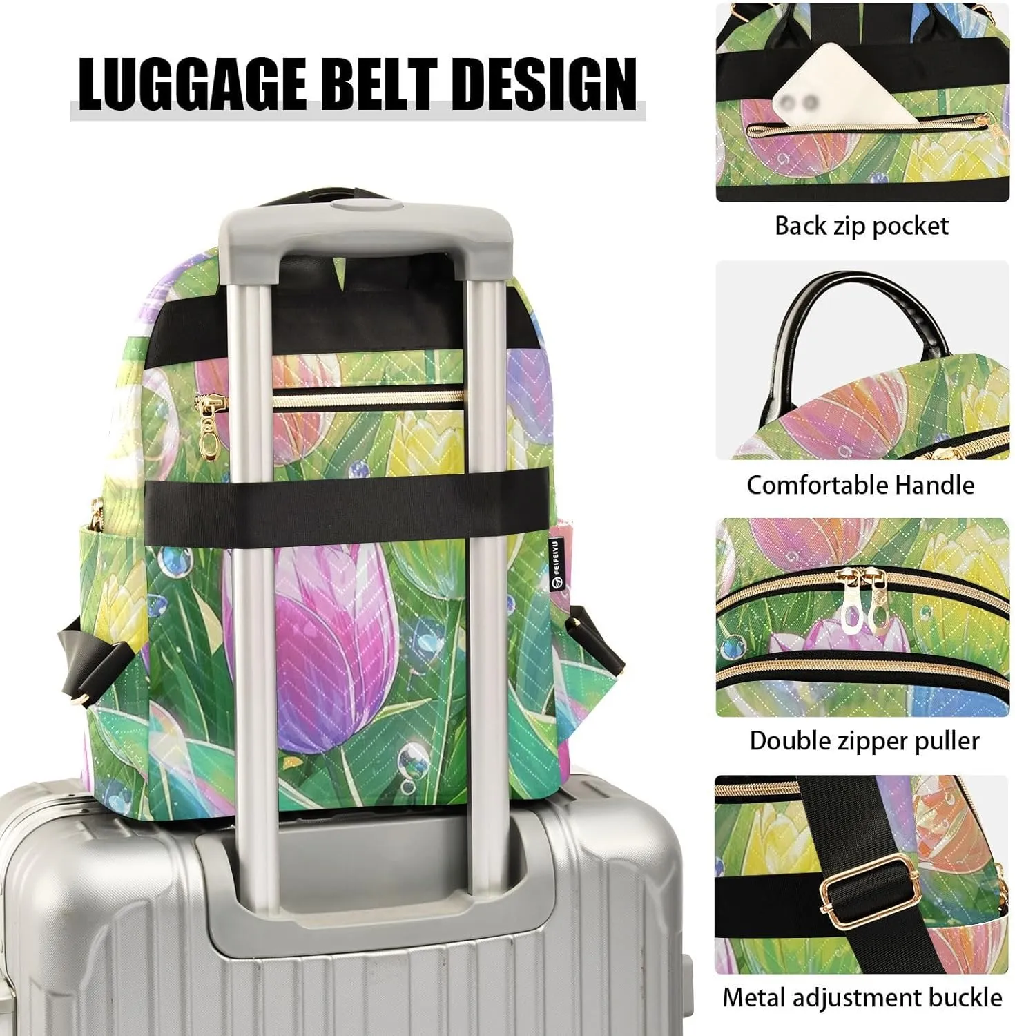 Mini Backpack Quilted Purse for Womens Small Backpack Daypack Tulips Pattern for Travel Daily Office,Multi3