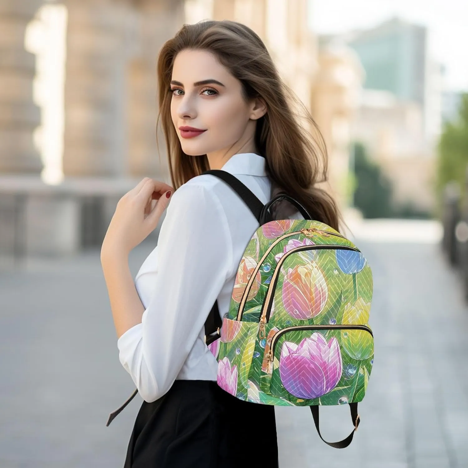 Mini Backpack Quilted Purse for Womens Small Backpack Daypack Tulips Pattern for Travel Daily Office,Multi3