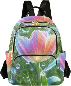 Mini Backpack Quilted Purse for Womens Small Backpack Daypack Tulips Print for Travel Daily Office,Multi10