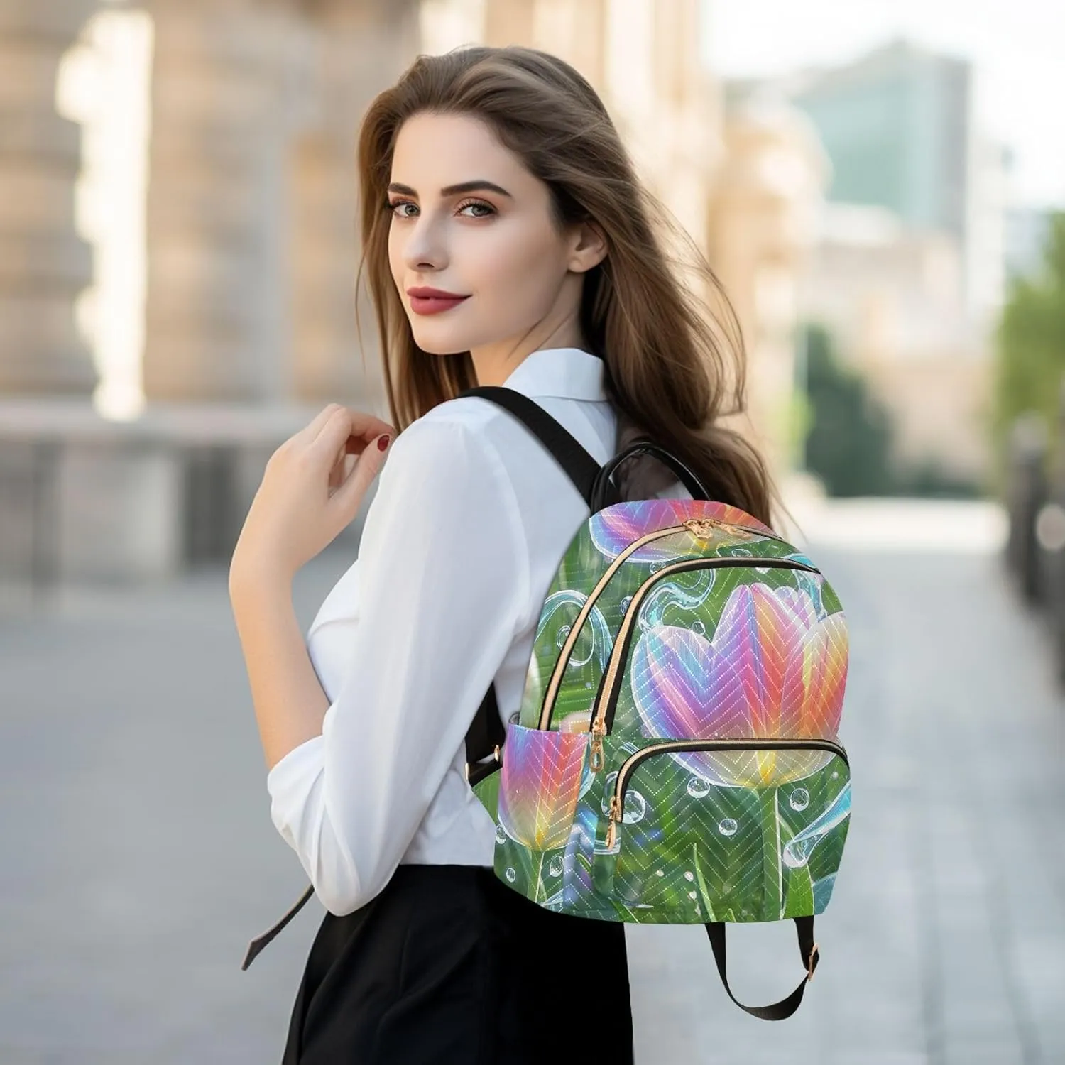 Mini Backpack Quilted Purse for Womens Small Backpack Daypack Tulips Print for Travel Daily Office,Multi10